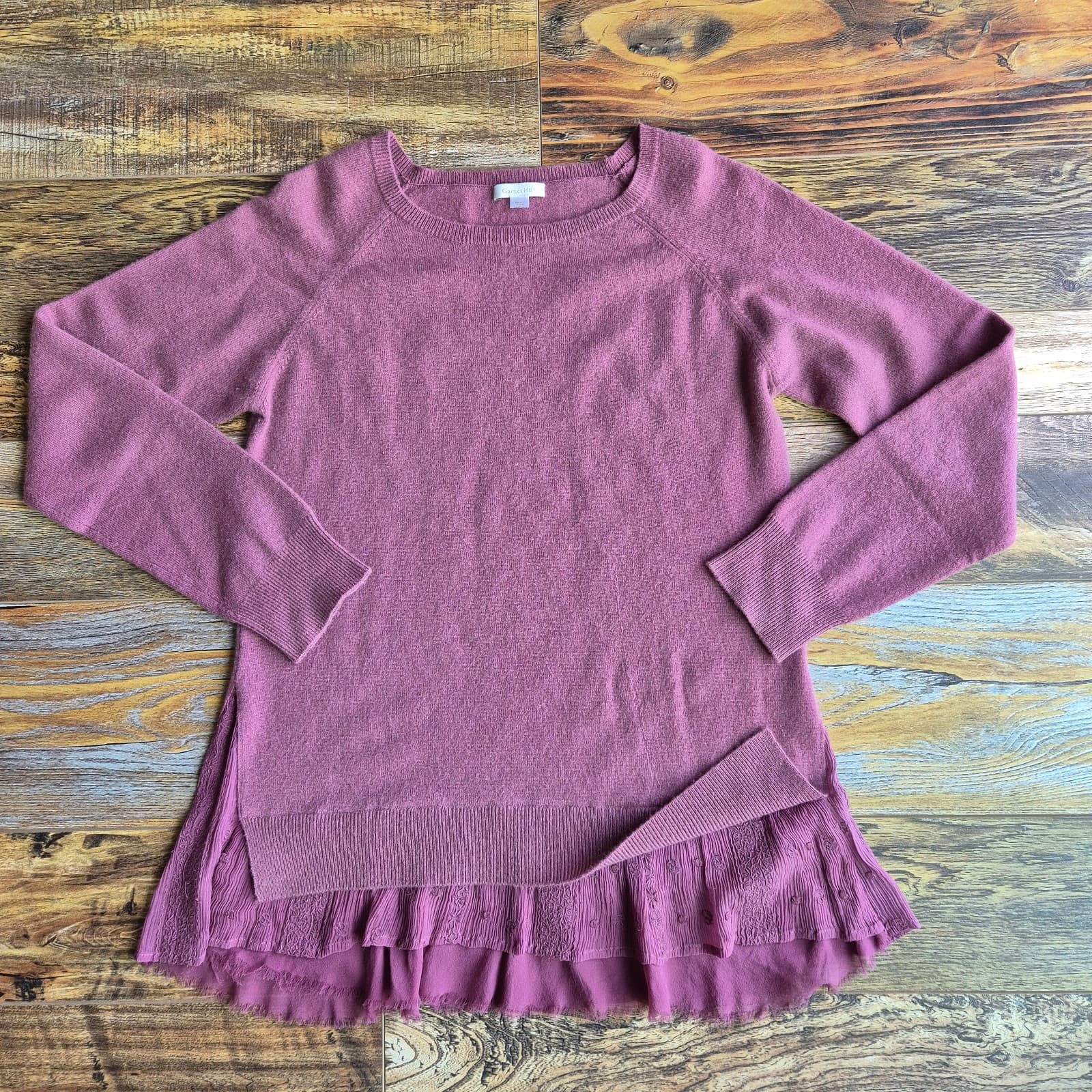 Garnet Hill Shirttail Cashmere Silk Lace Trim Sweater Crew Neck Mauve Women's L - Thumbnail 4