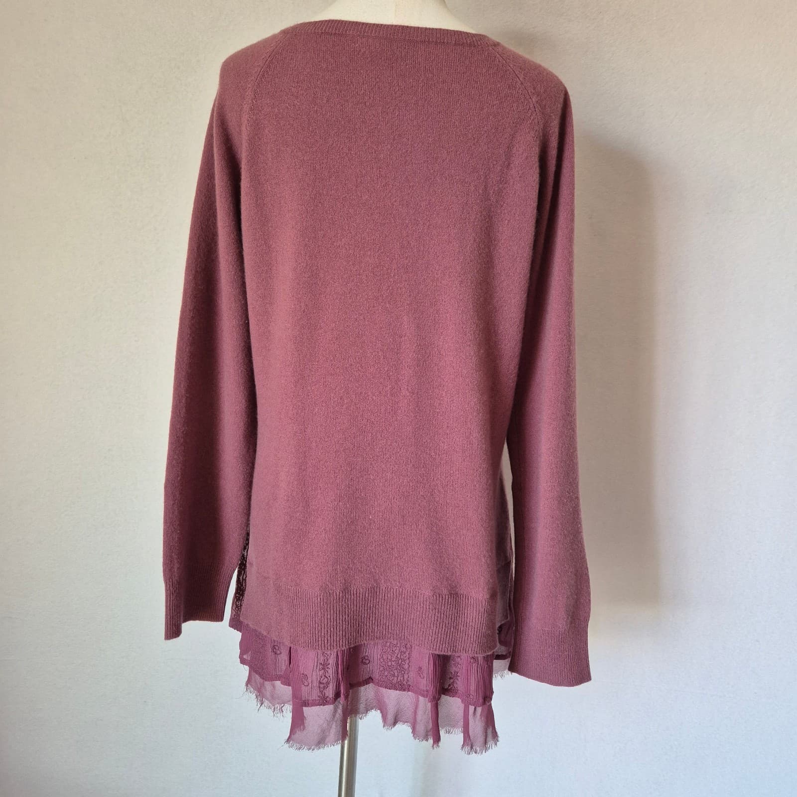 Garnet Hill Shirttail Cashmere Silk Lace Trim Sweater Crew Neck Mauve Women's L - Thumbnail 8