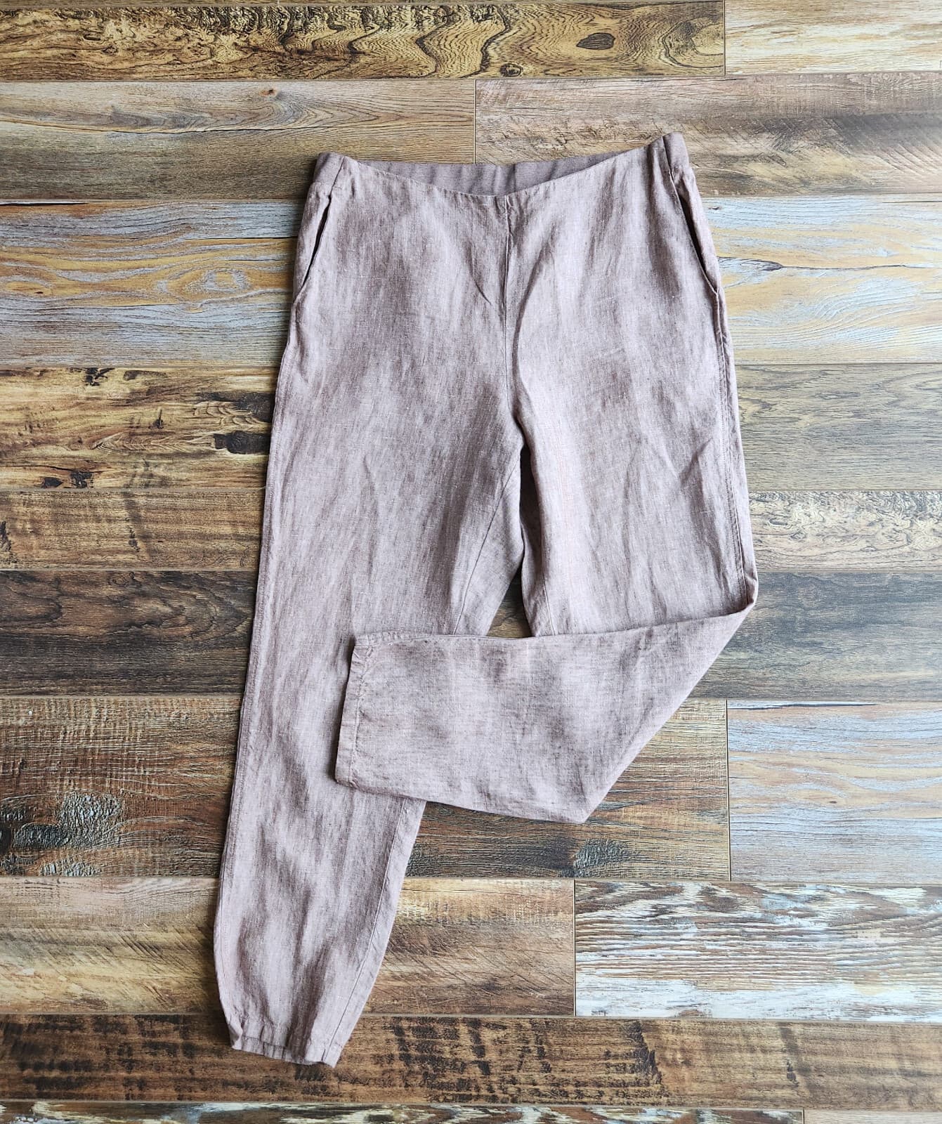 J.Jill Love Linen Pull-On Slim-Leg Pants Elastic-Waist Pocket Brown Sz.M
