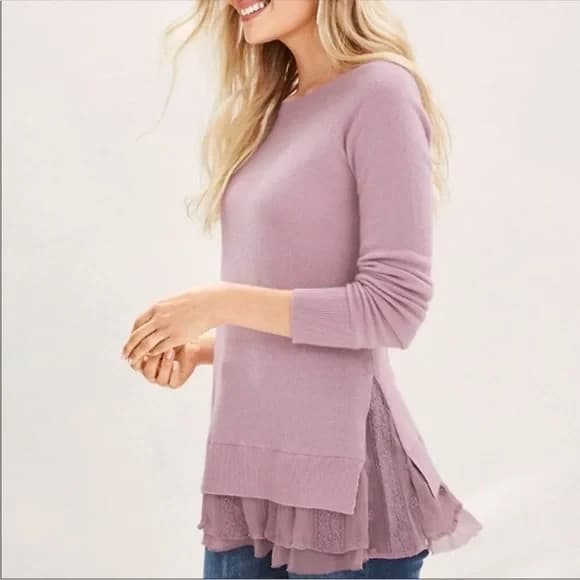 Garnet Hill Shirttail Cashmere Silk Lace Trim Sweater Crew Neck Mauve Women's L - Thumbnail 5