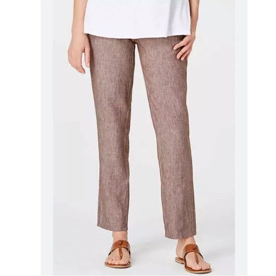 J.Jill Love Linen Pull-On Slim-Leg Pants Elastic-Waist Pocket Brown Sz.M - Thumbnail 2