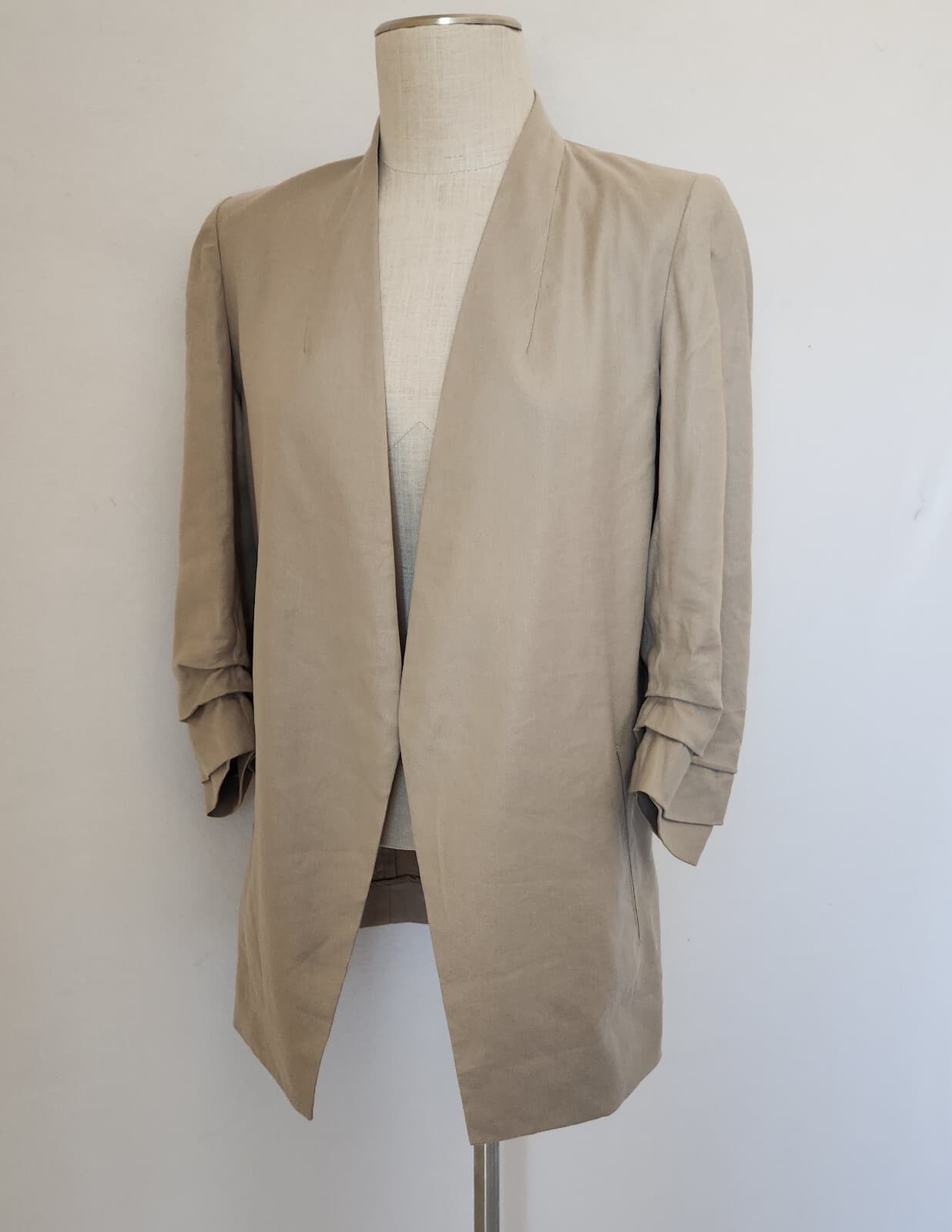 BABATON Aritzia Power Linen Blazer Jacket Open Front Ruched Sleeve Brown Sz.10 - Thumbnail 3