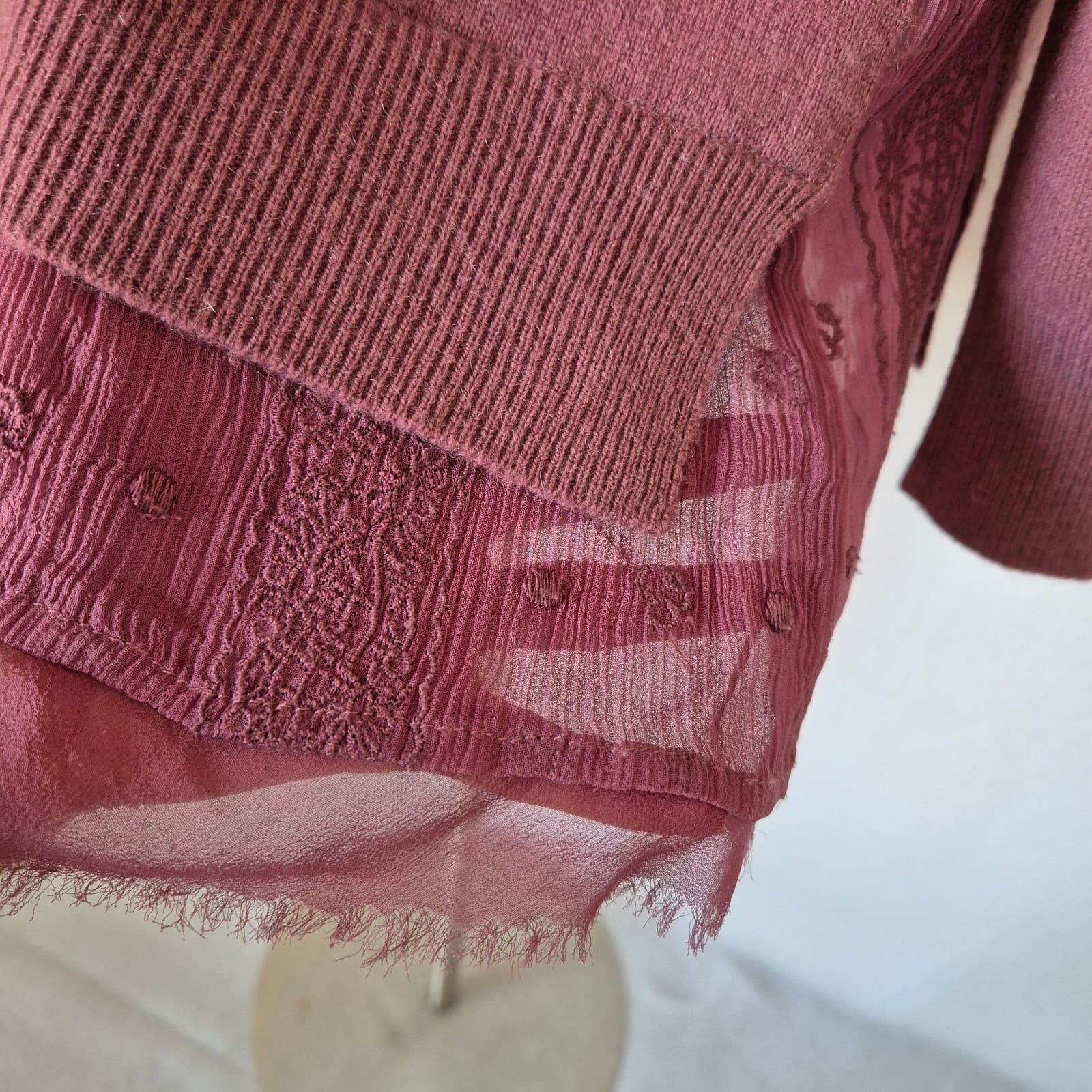 Garnet Hill Shirttail Cashmere Silk Lace Trim Sweater Crew Neck Mauve Women's L - Thumbnail 7
