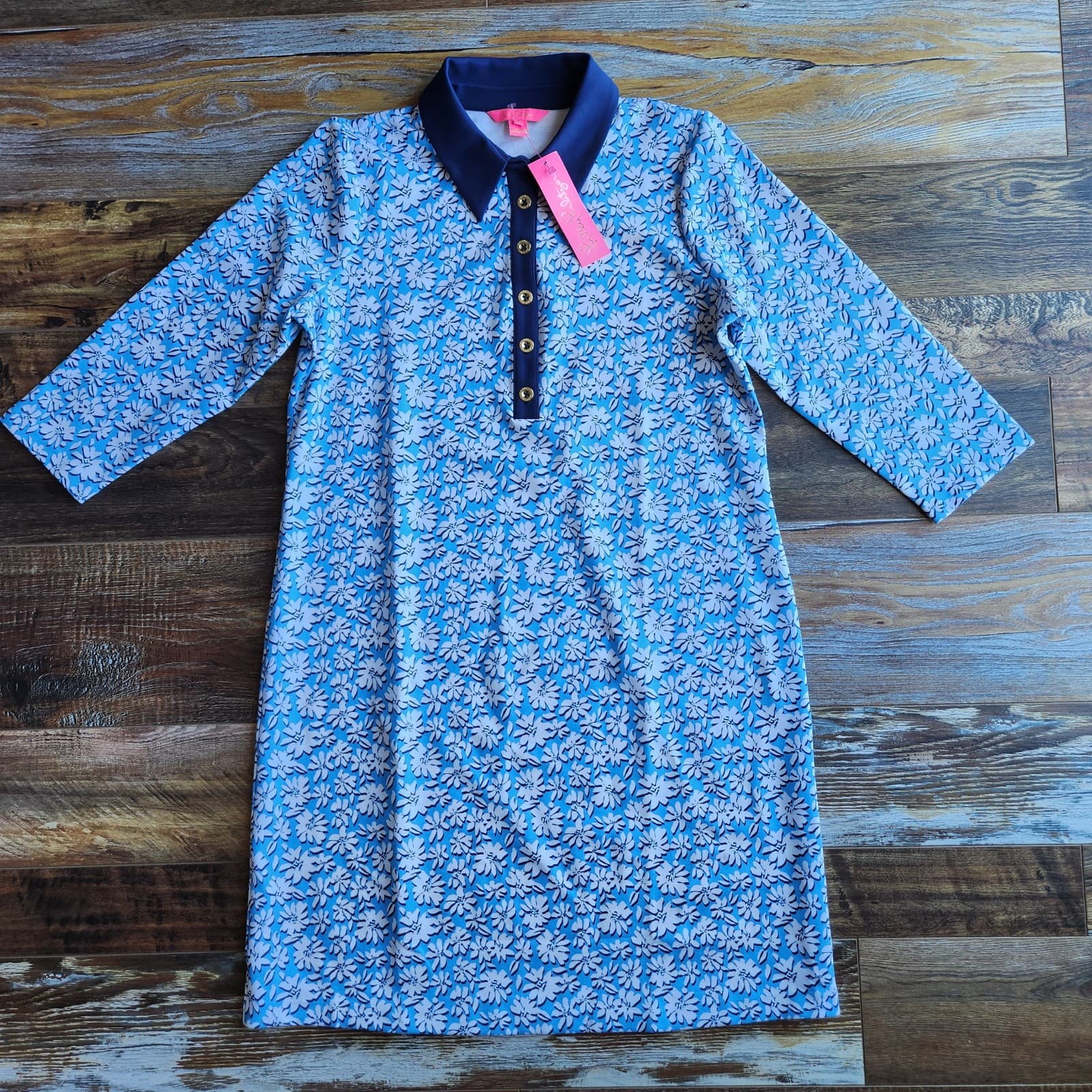NWT Lilly Pulitzer Ainslee Floral Polo Dress 3/4 Sleeve Knit Lunar Blue Sz.XL - Thumbnail 9
