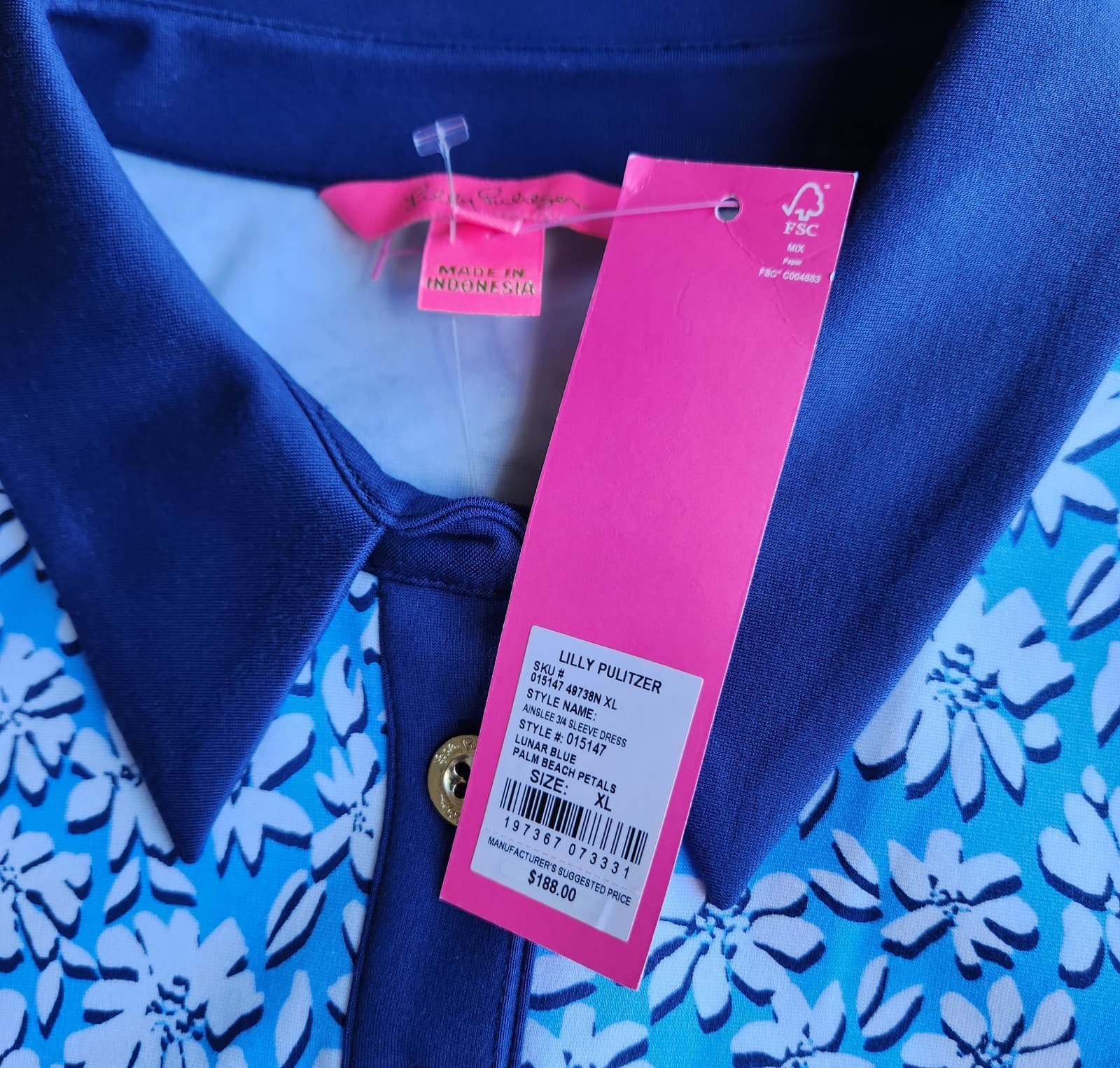 NWT Lilly Pulitzer Ainslee Floral Polo Dress 3/4 Sleeve Knit Lunar Blue Sz.XL - Thumbnail 10