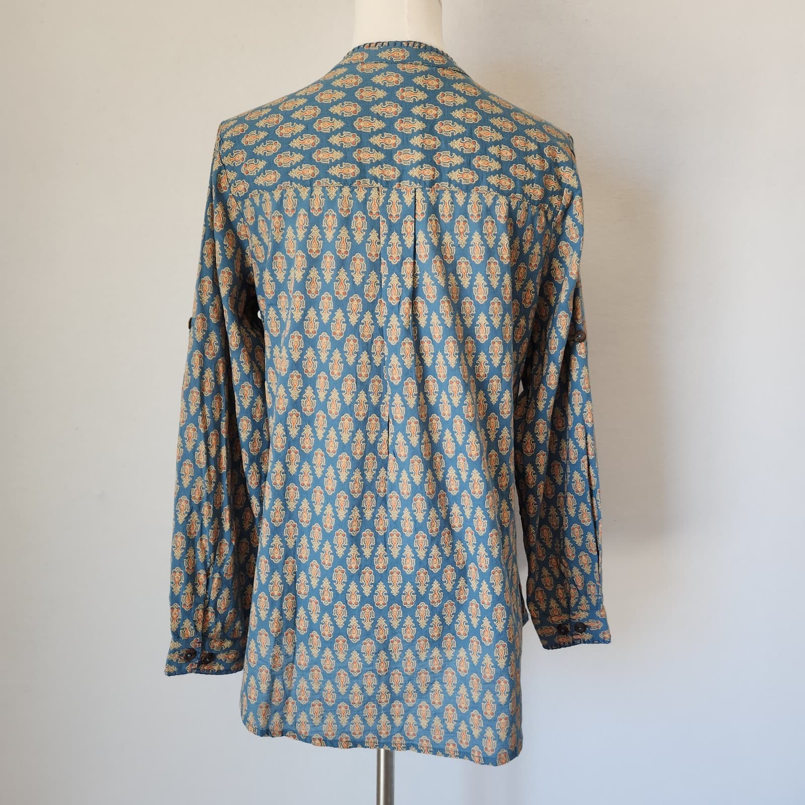 April Cornell Retro Printed Tunic Blouse Long Sleeve Cotton Blue Orange Women XS - Thumbnail 8