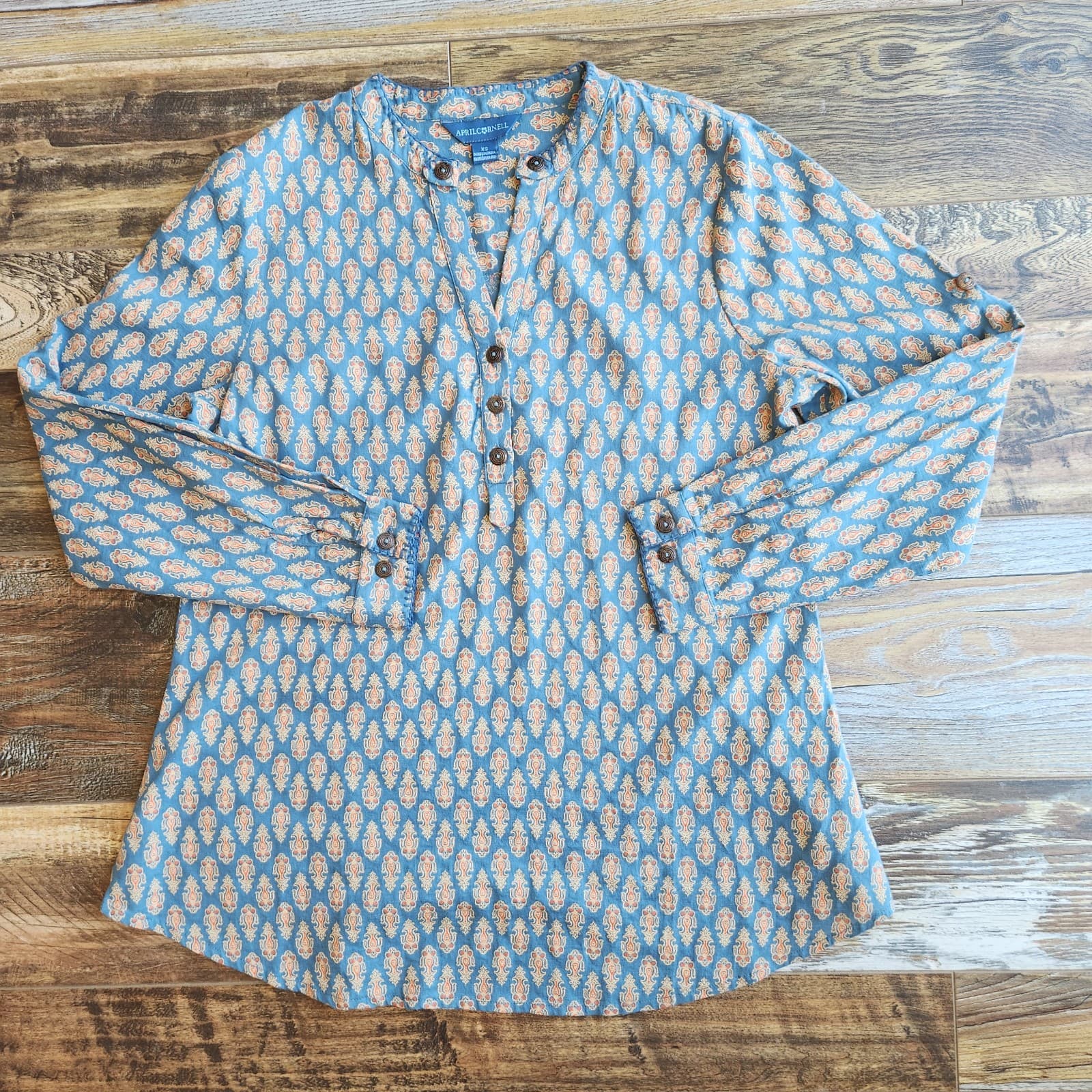 April Cornell Retro Printed Tunic Blouse Long Sleeve Cotton Blue Orange Women XS - Thumbnail 9
