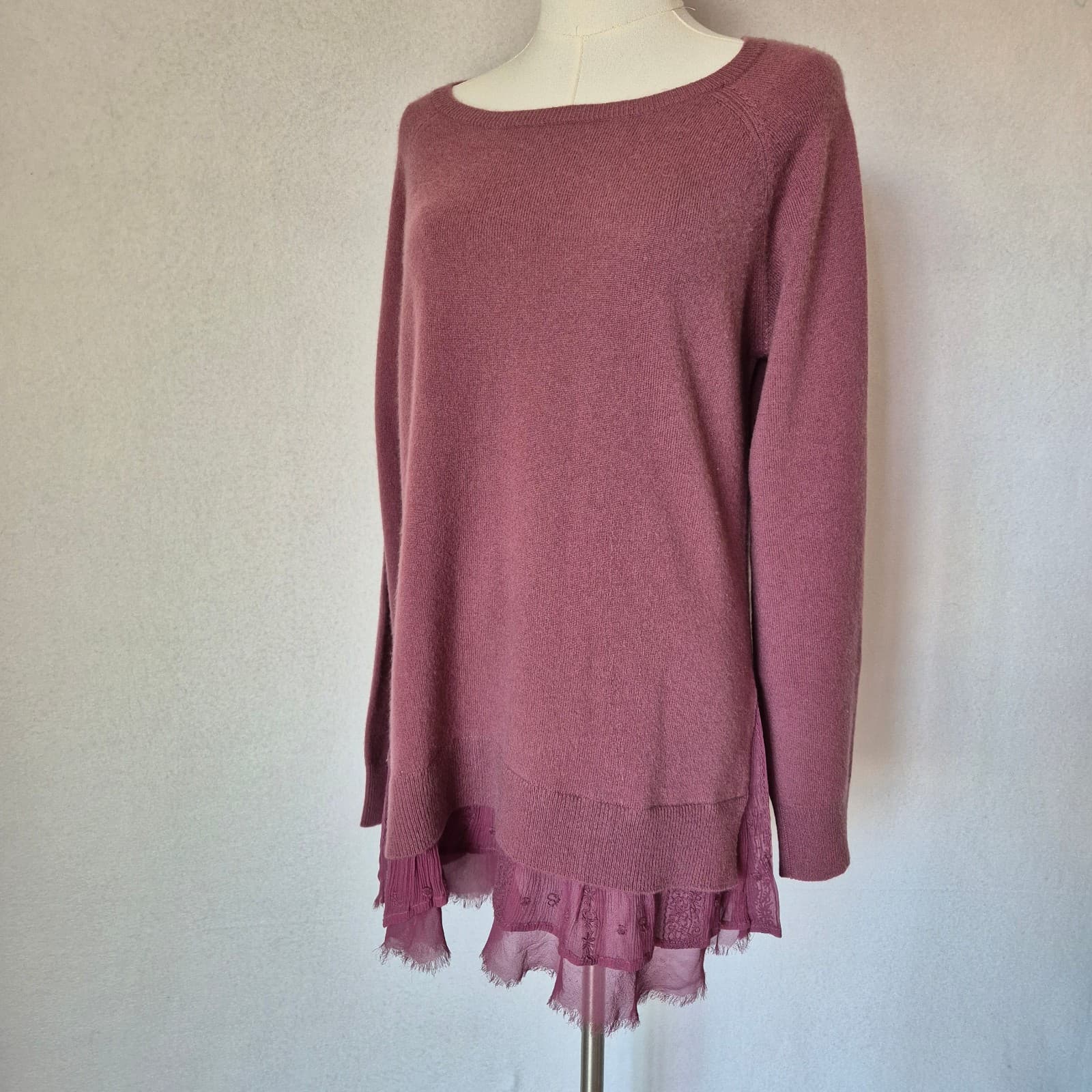 Garnet Hill Shirttail Cashmere Silk Lace Trim Sweater Crew Neck Mauve Women's L