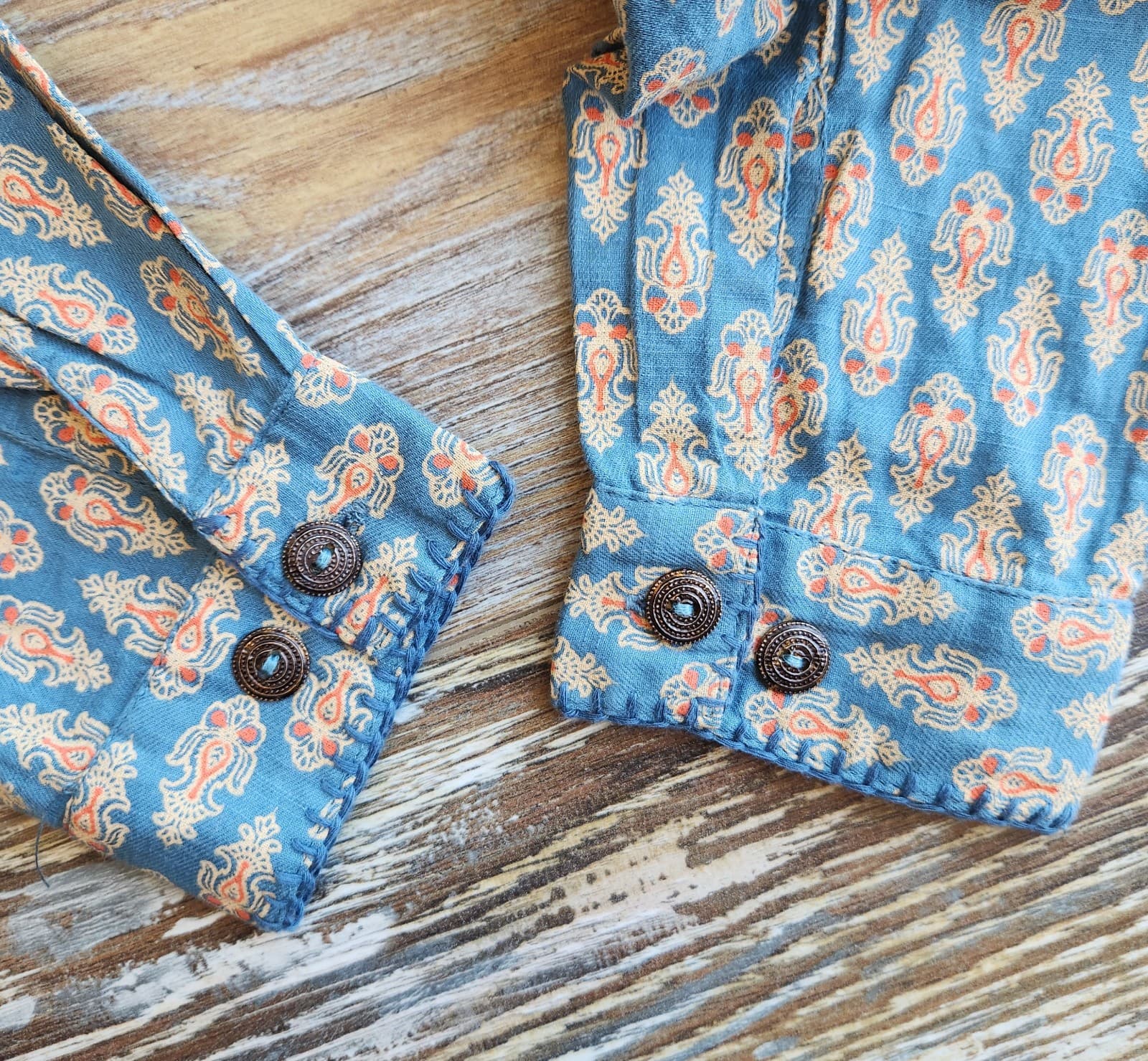 April Cornell Retro Printed Tunic Blouse Long Sleeve Cotton Blue Orange Women XS - Thumbnail 10