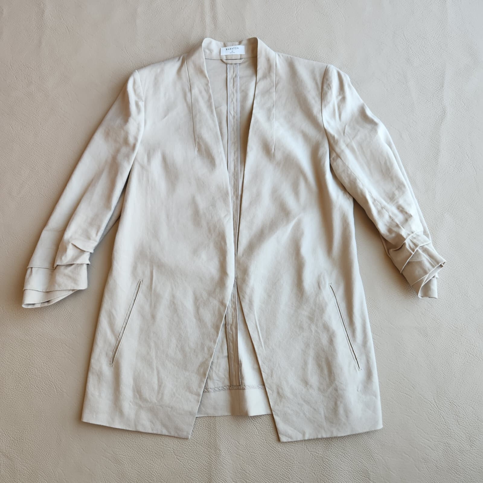 BABATON Aritzia Power Linen Blazer Jacket Open Front Ruched Sleeve Brown Sz.10 - Thumbnail 4