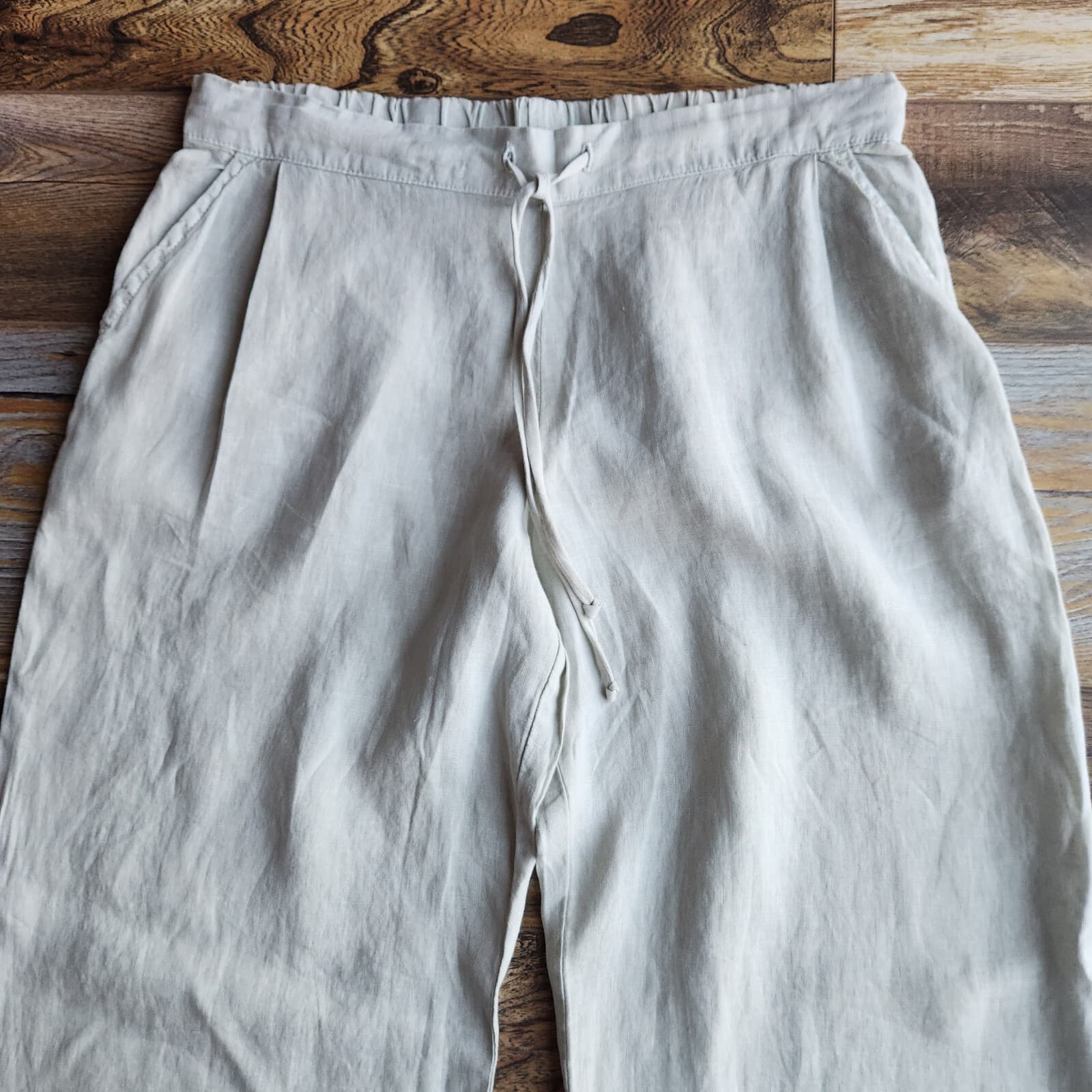 Bella Dahl Linen Front-Pleat Wide-Slit Leg Pants Pull-On Pocket Light-Green Sz.L - Thumbnail 4