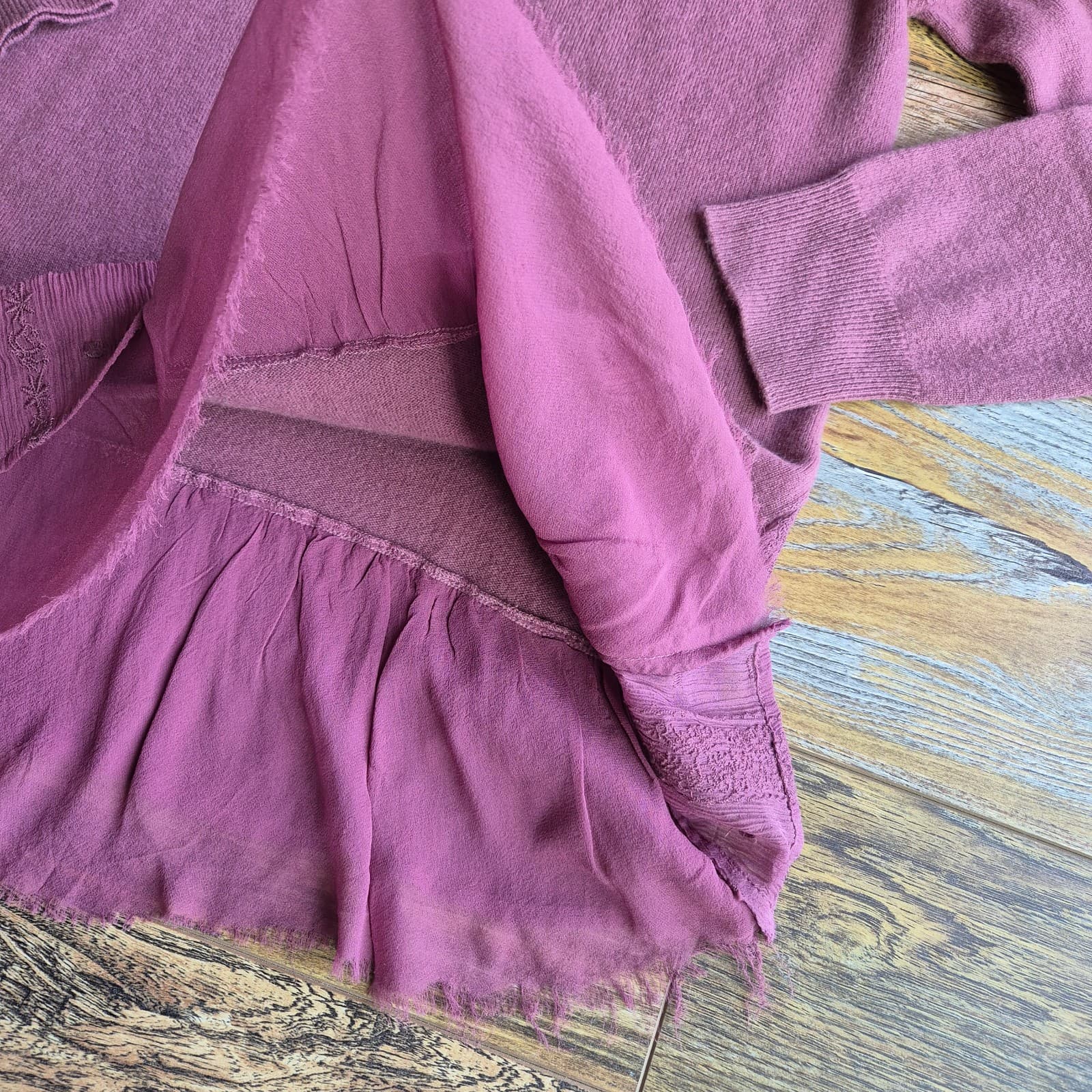 Garnet Hill Shirttail Cashmere Silk Lace Trim Sweater Crew Neck Mauve Women's L - Thumbnail 10