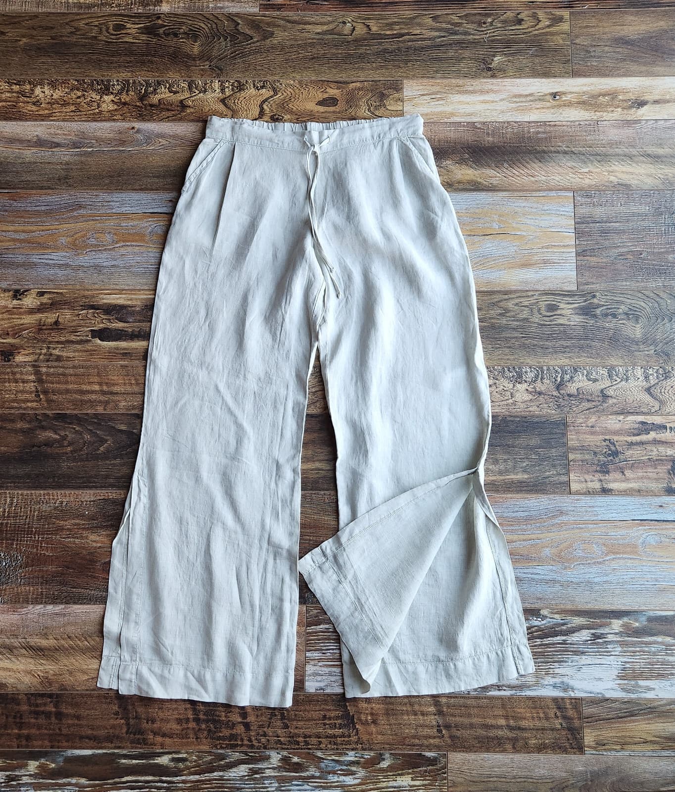 Bella Dahl Linen Front-Pleat Wide-Slit Leg Pants Pull-On Pocket Light-Green Sz.L