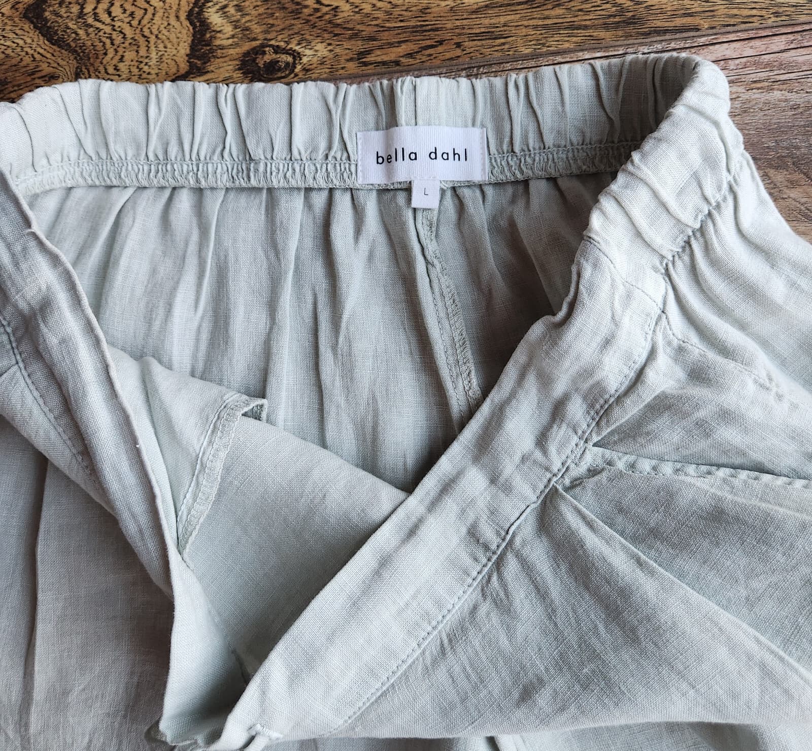 Bella Dahl Linen Front-Pleat Wide-Slit Leg Pants Pull-On Pocket Light-Green Sz.L - Thumbnail 7