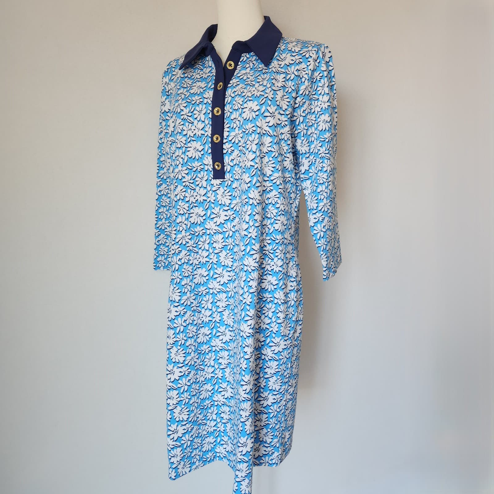 NWT Lilly Pulitzer Ainslee Floral Polo Dress 3/4 Sleeve Knit Lunar Blue Sz.XL - Thumbnail 2