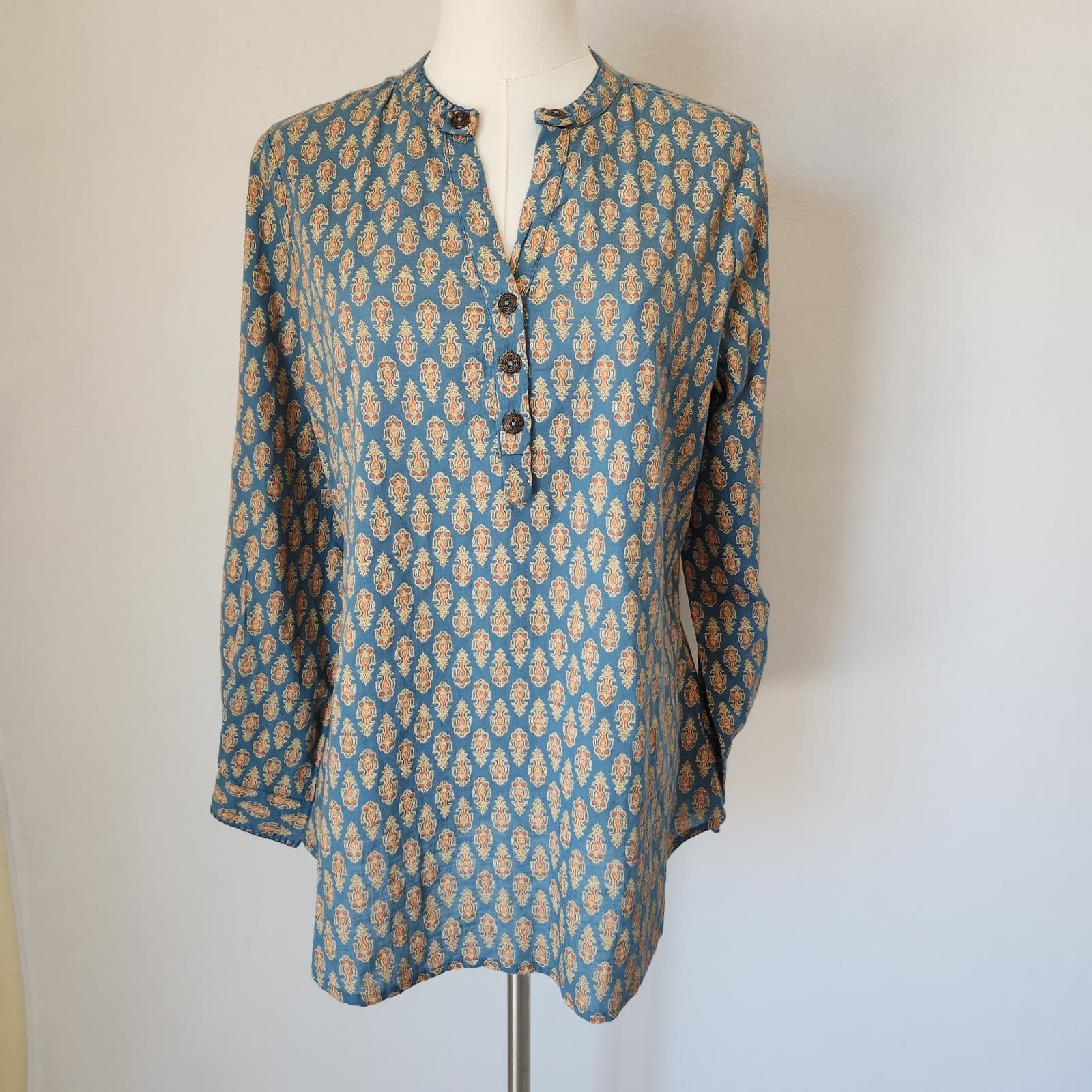 April Cornell Retro Printed Tunic Blouse Long Sleeve Cotton Blue Orange Women XS - Thumbnail 2
