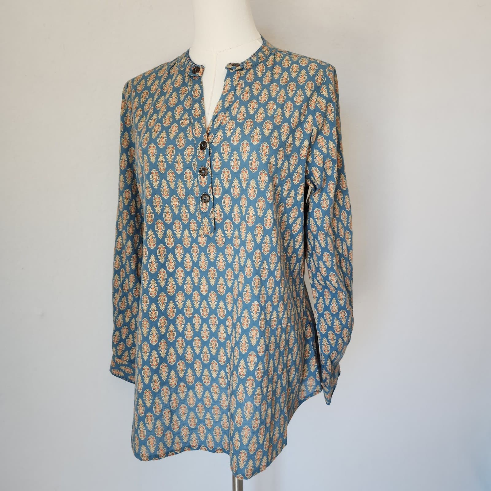 April Cornell Retro Printed Tunic Blouse Long Sleeve Cotton Blue Orange Women XS - Thumbnail 3