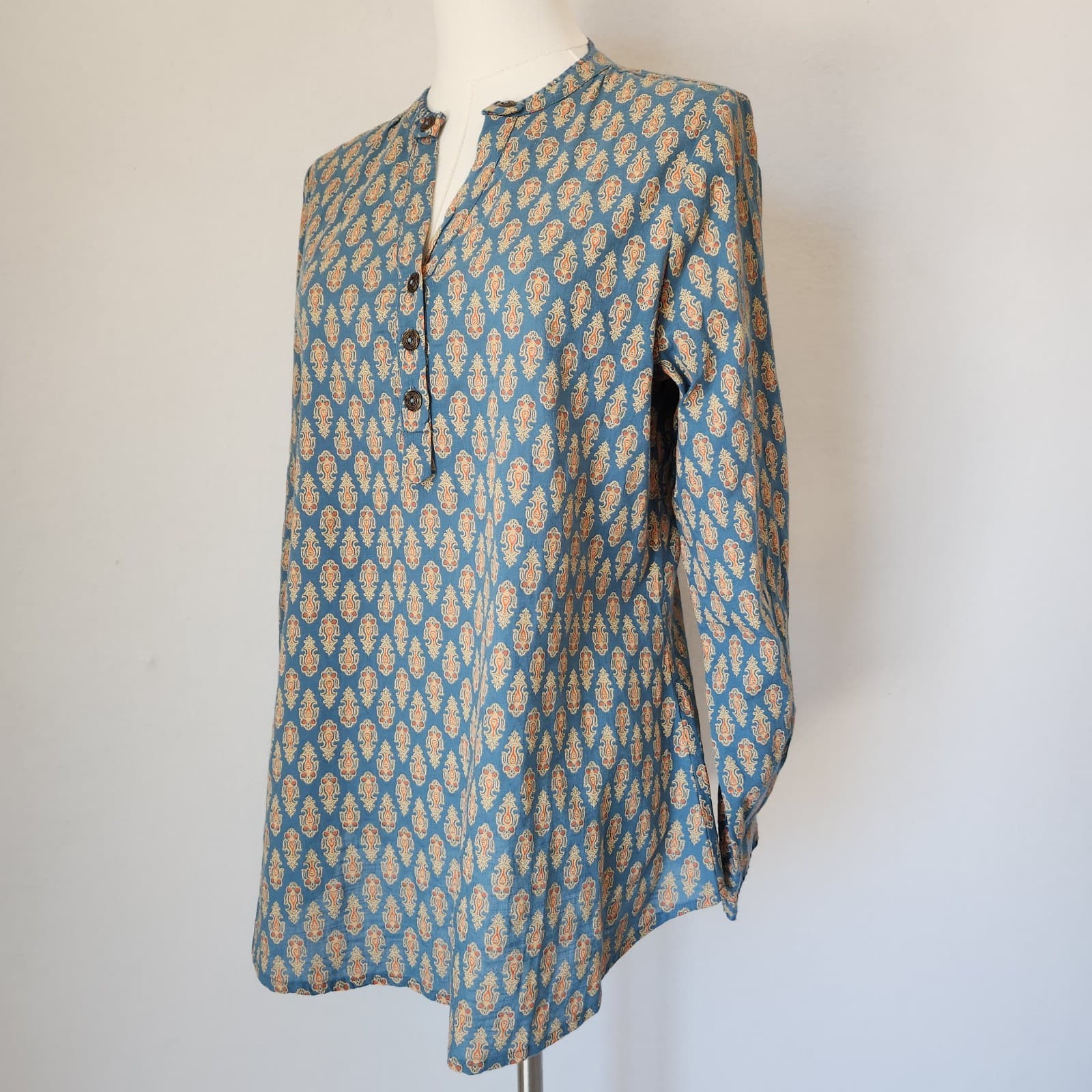 April Cornell Retro Printed Tunic Blouse Long Sleeve Cotton Blue Orange Women XS - Thumbnail 5