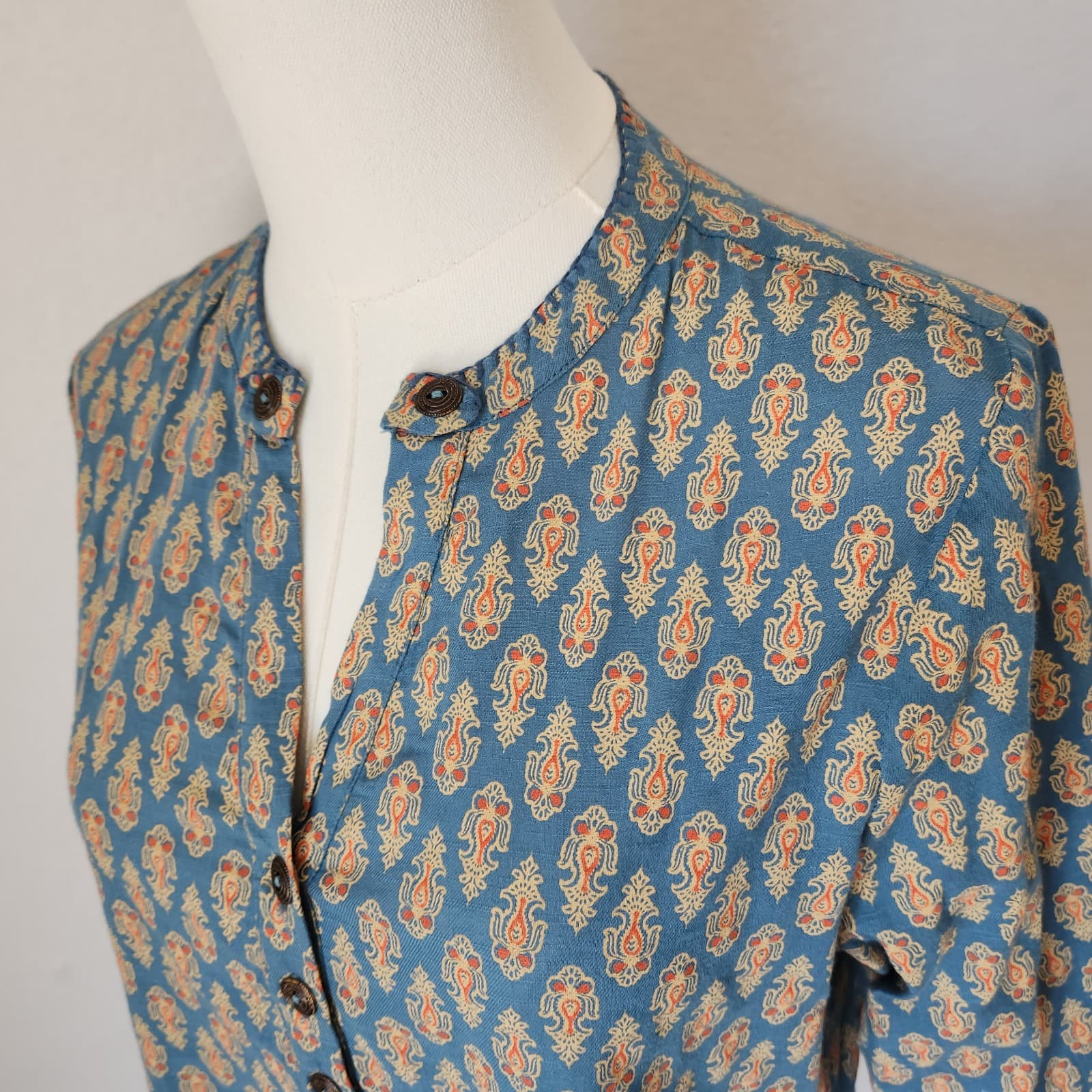 April Cornell Retro Printed Tunic Blouse Long Sleeve Cotton Blue Orange Women XS - Thumbnail 7