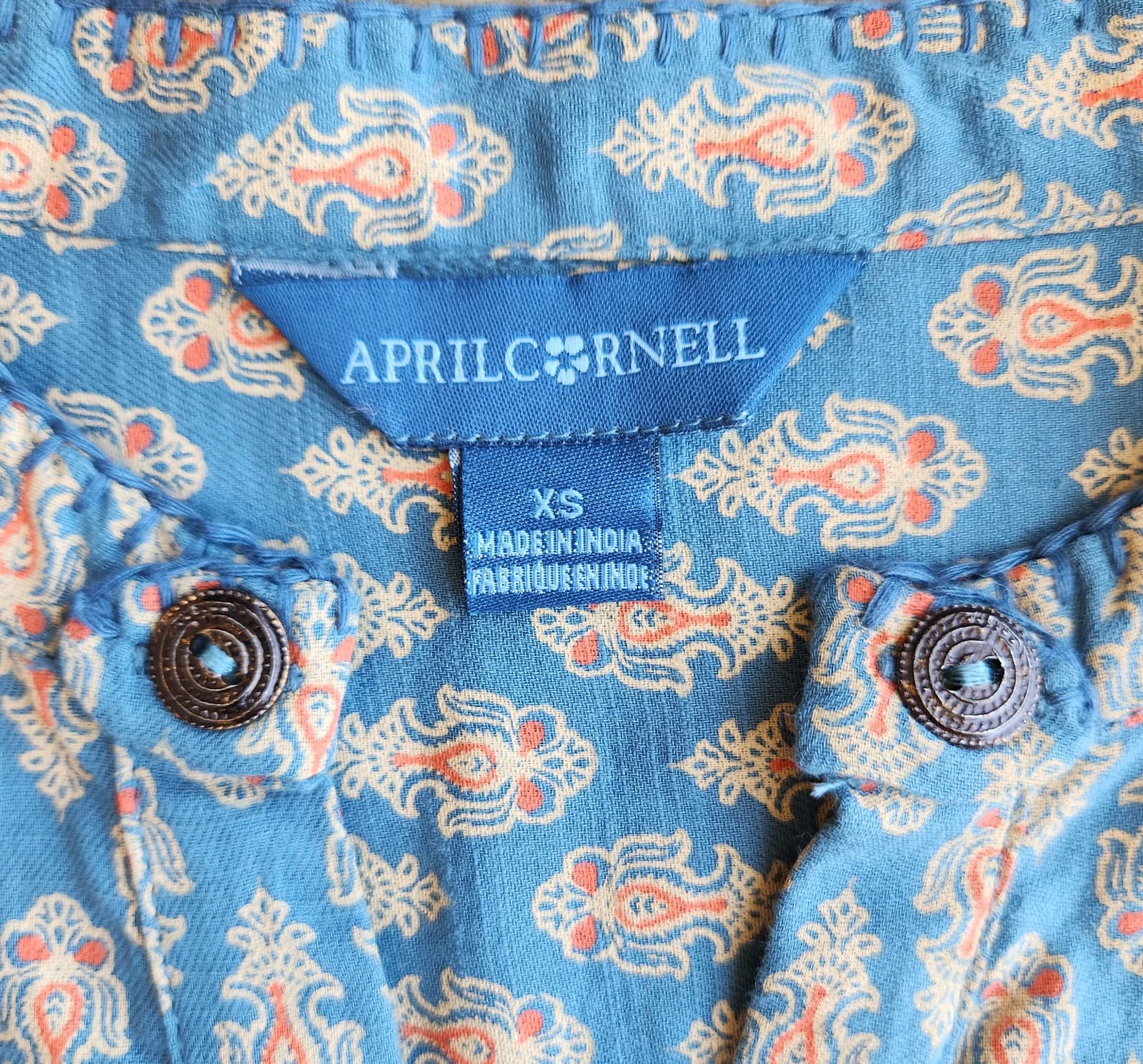April Cornell Retro Printed Tunic Blouse Long Sleeve Cotton Blue Orange Women XS - Thumbnail 11