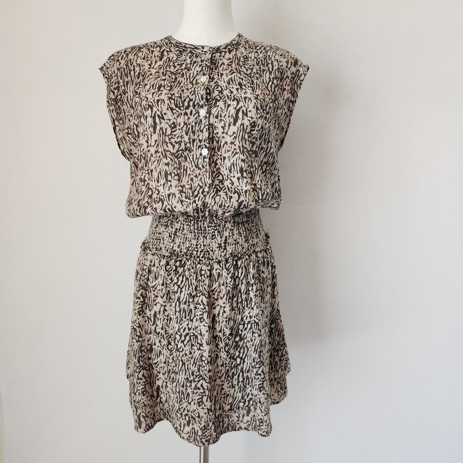 Rails Angelina Linen Blend Mini Dress Smocked-Waist Brown Abstract Texture Sz.XS - Thumbnail 2