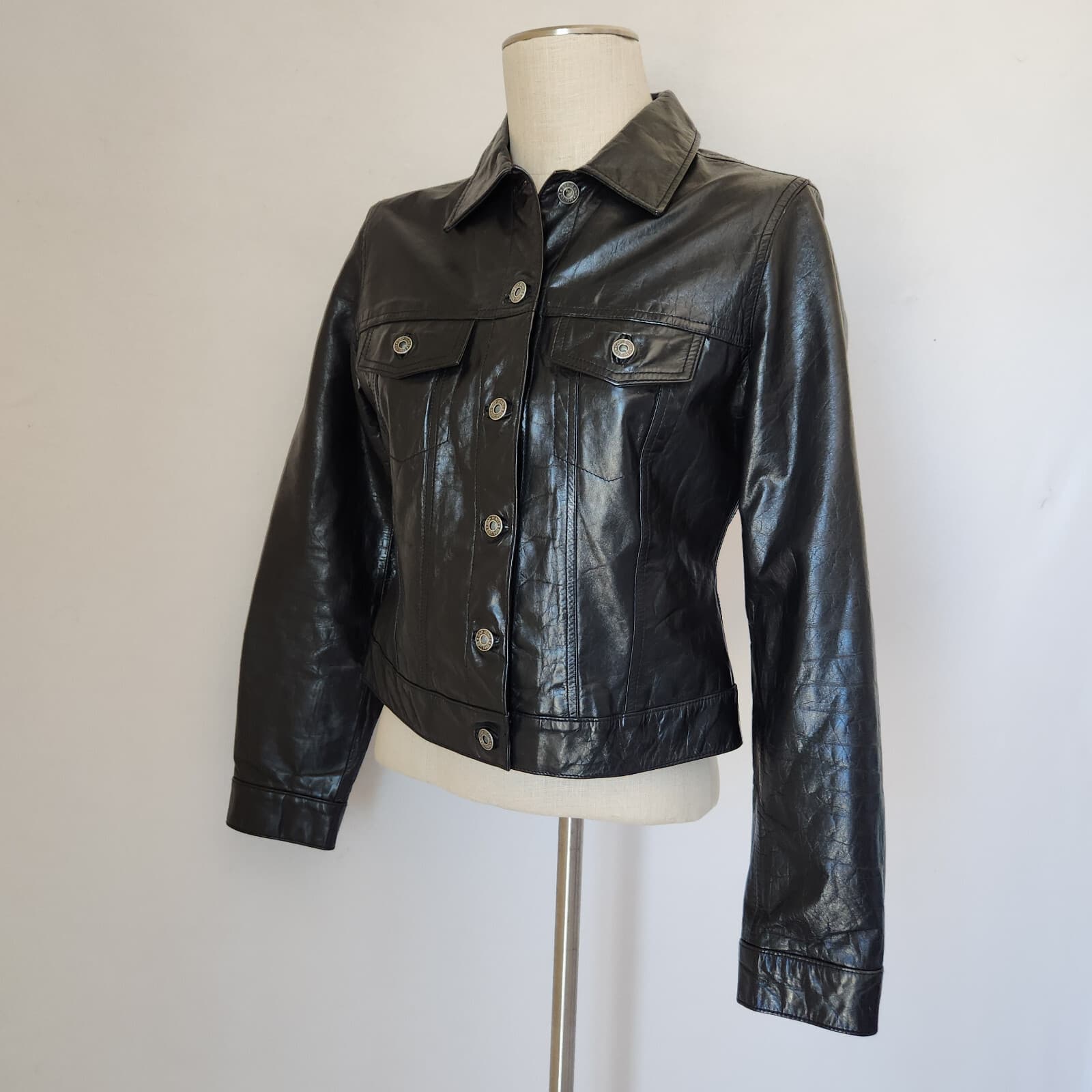 Vintage Y2K Gap Genuine Patent Leather Bomber Moto Trucker Jacket Black Womens M - Thumbnail 4