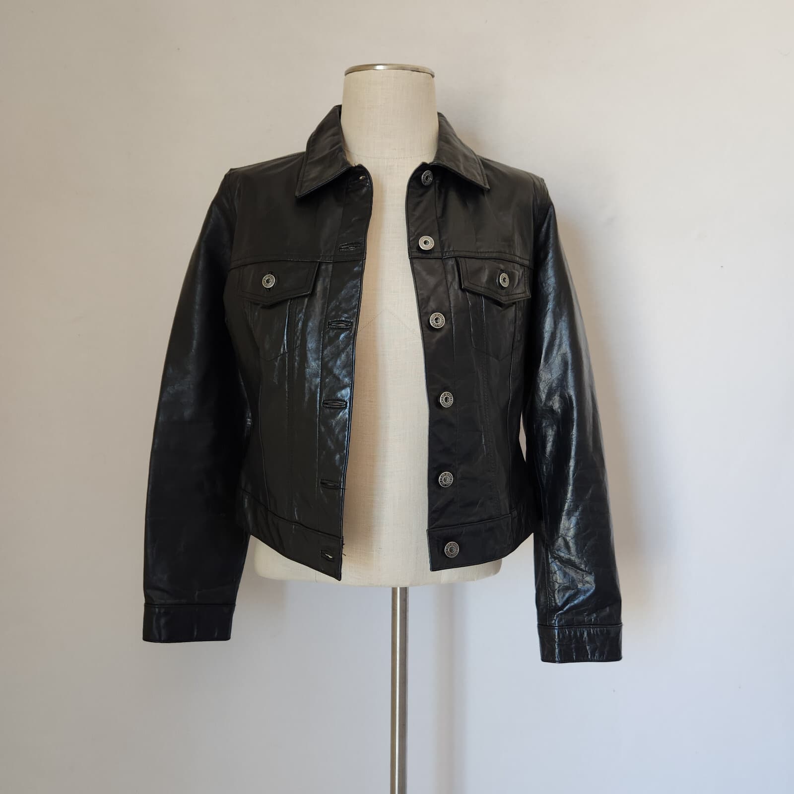 Vintage Y2K Gap Genuine Patent Leather Bomber Moto Trucker Jacket Black Womens M - Thumbnail 3