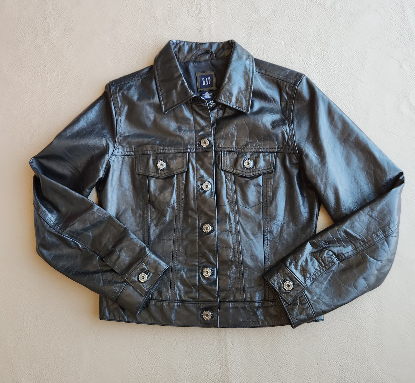 Vintage Y2K Gap Genuine Patent Leather Bomber Moto Trucker Jacket Black Womens M