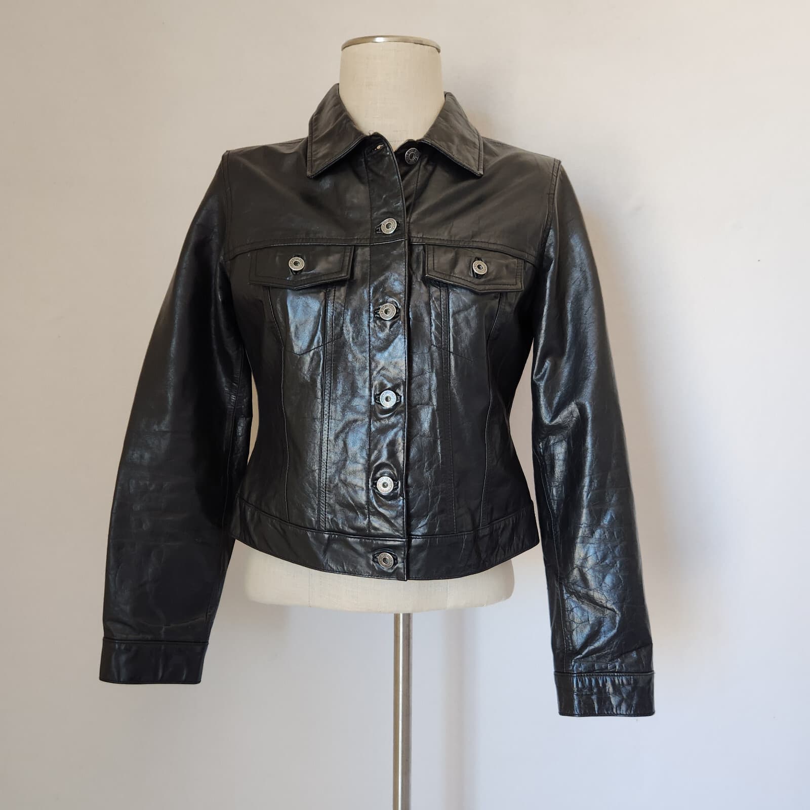 Vintage Y2K Gap Genuine Patent Leather Bomber Moto Trucker Jacket Black Womens M - Thumbnail 2