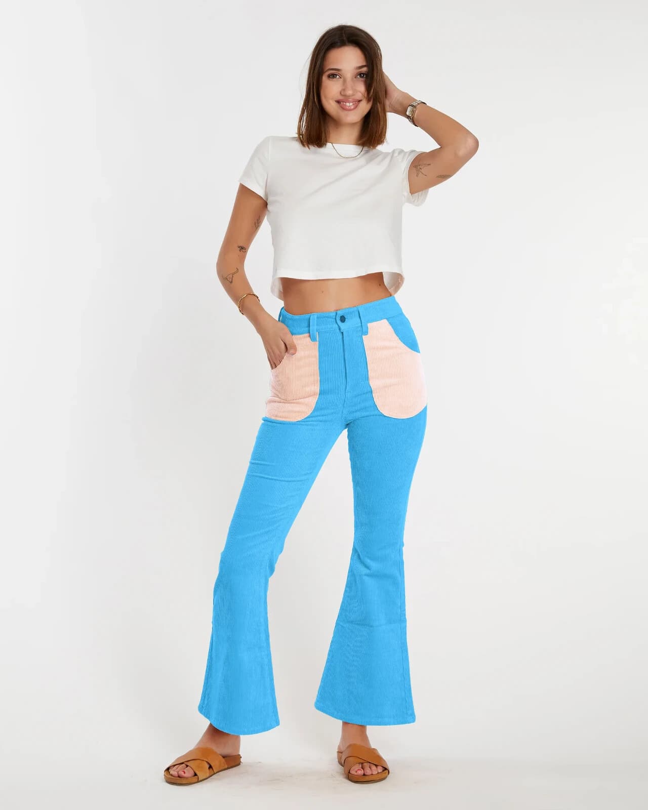 NWoT Hammies Corduroy Bell Bottom Hippie Pants Zip Pink Pocket Blue Women's 26 - Thumbnail 2