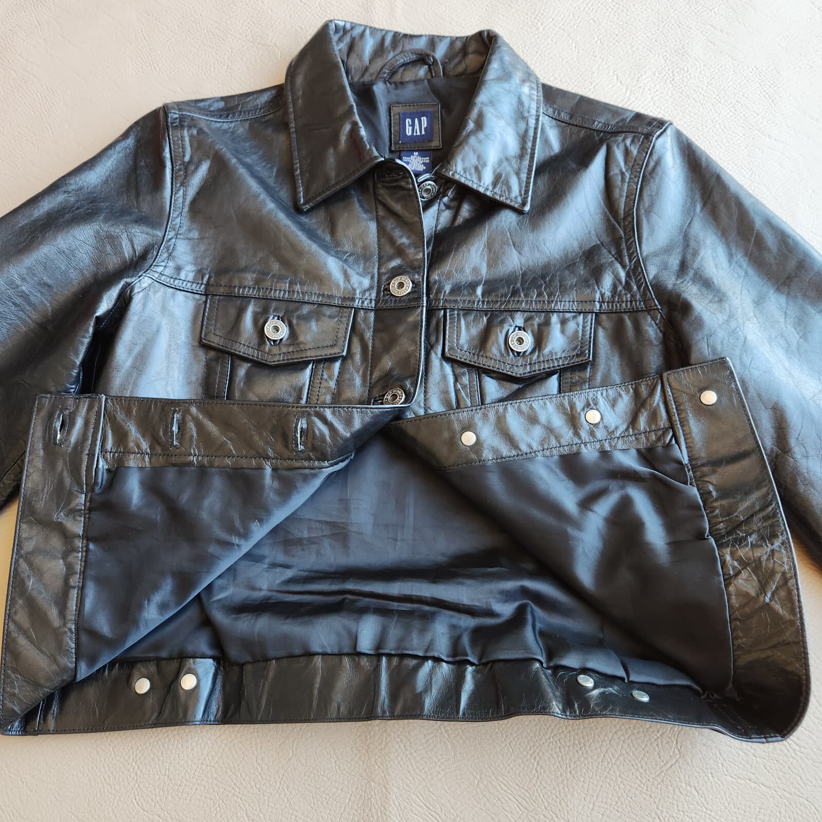 Vintage Y2K Gap Genuine Patent Leather Bomber Moto Trucker Jacket Black Womens M - Thumbnail 5