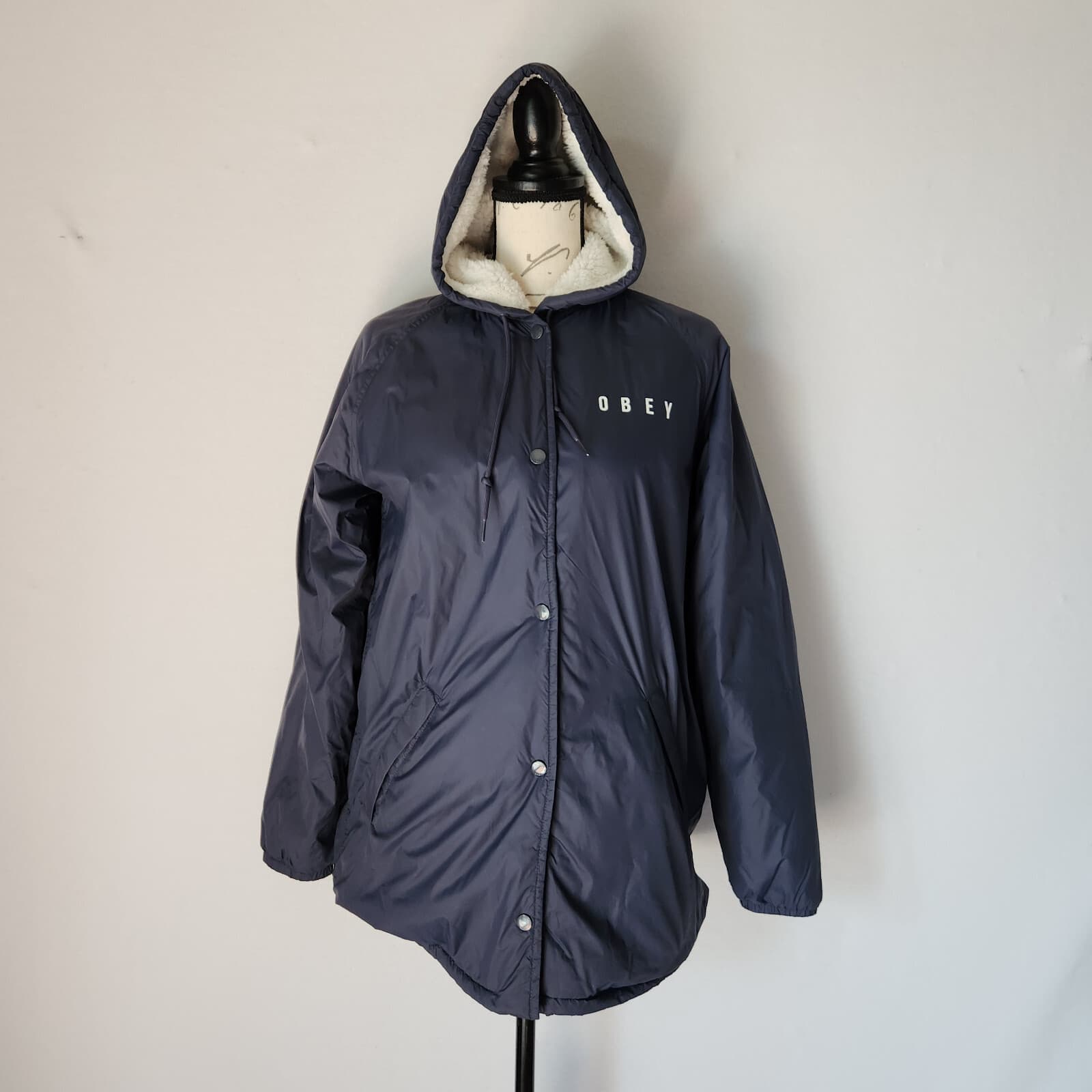OBEY Kenna Spellout Sherpa Lining Hooded Jacket Zip Snap Pocket Blue Women's M