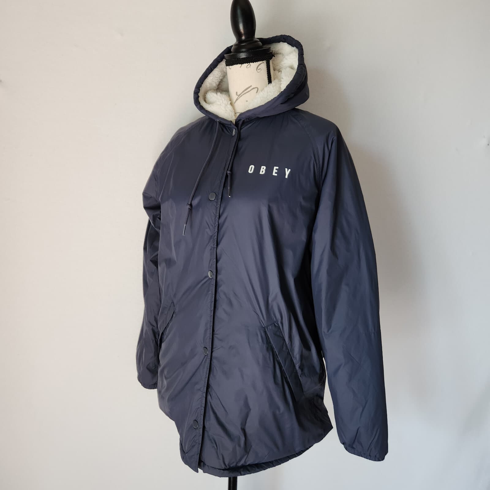 OBEY Kenna Spellout Sherpa Lining Hooded Jacket Zip Snap Pocket Blue Women's M - Thumbnail 4