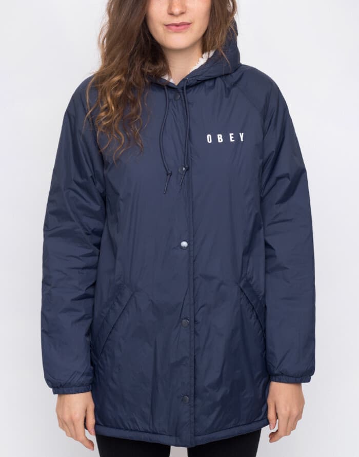 OBEY Kenna Spellout Sherpa Lining Hooded Jacket Zip Snap Pocket Blue Women's M - Thumbnail 5