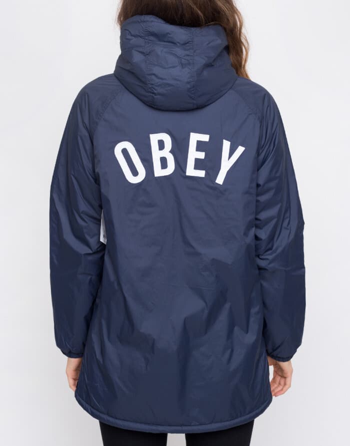 OBEY Kenna Spellout Sherpa Lining Hooded Jacket Zip Snap Pocket Blue Women's M - Thumbnail 6