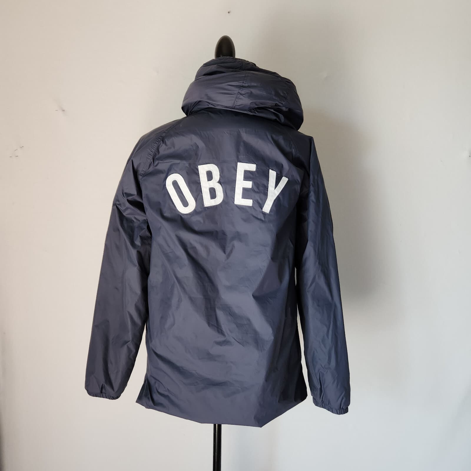 OBEY Kenna Spellout Sherpa Lining Hooded Jacket Zip Snap Pocket Blue Women's M - Thumbnail 7