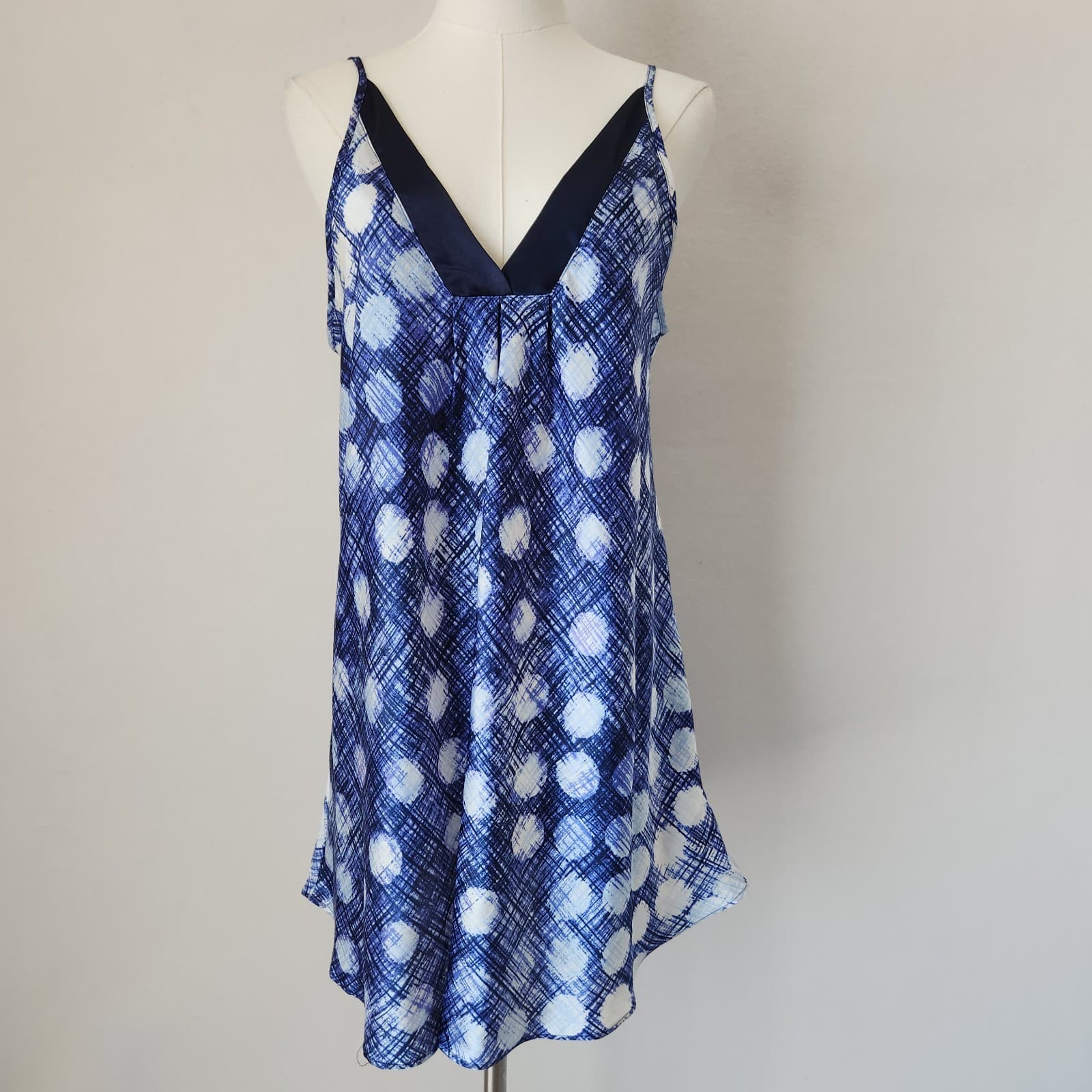 Oscar De La Renta Pink Label Chemise Satin Slip Night Gown Blue Polka Dot Sz.M