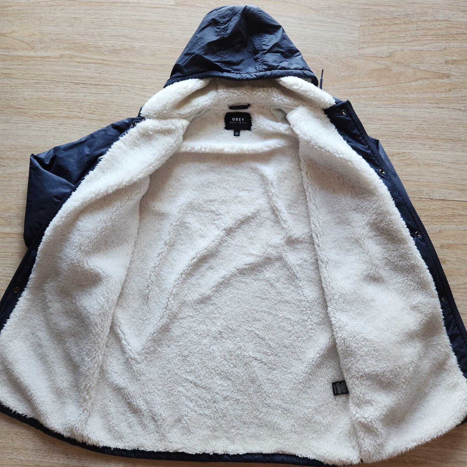 OBEY Kenna Spellout Sherpa Lining Hooded Jacket Zip Snap Pocket Blue Women's M - Thumbnail 13