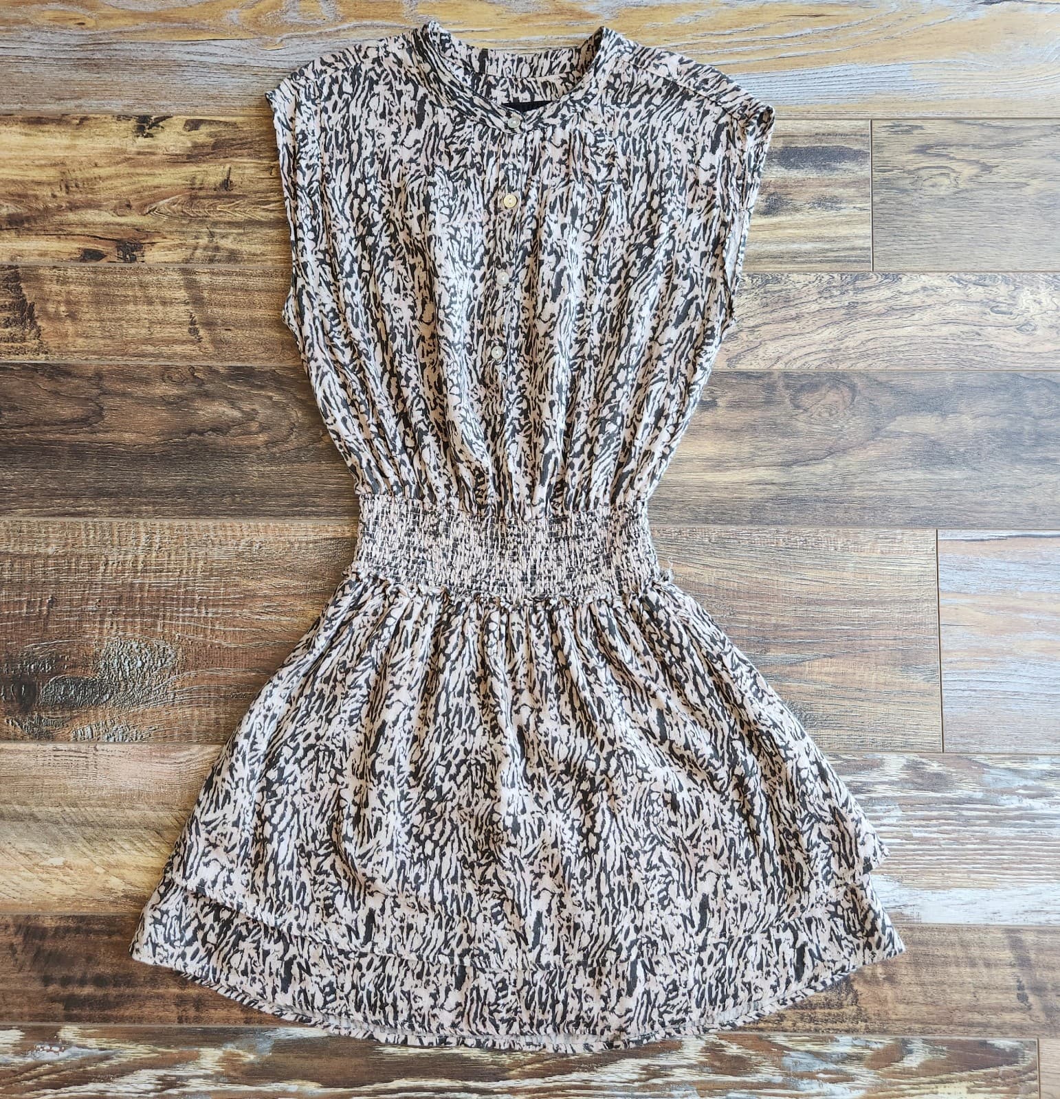 Rails Angelina Linen Blend Mini Dress Smocked-Waist Brown Abstract Texture Sz.XS - Thumbnail 9