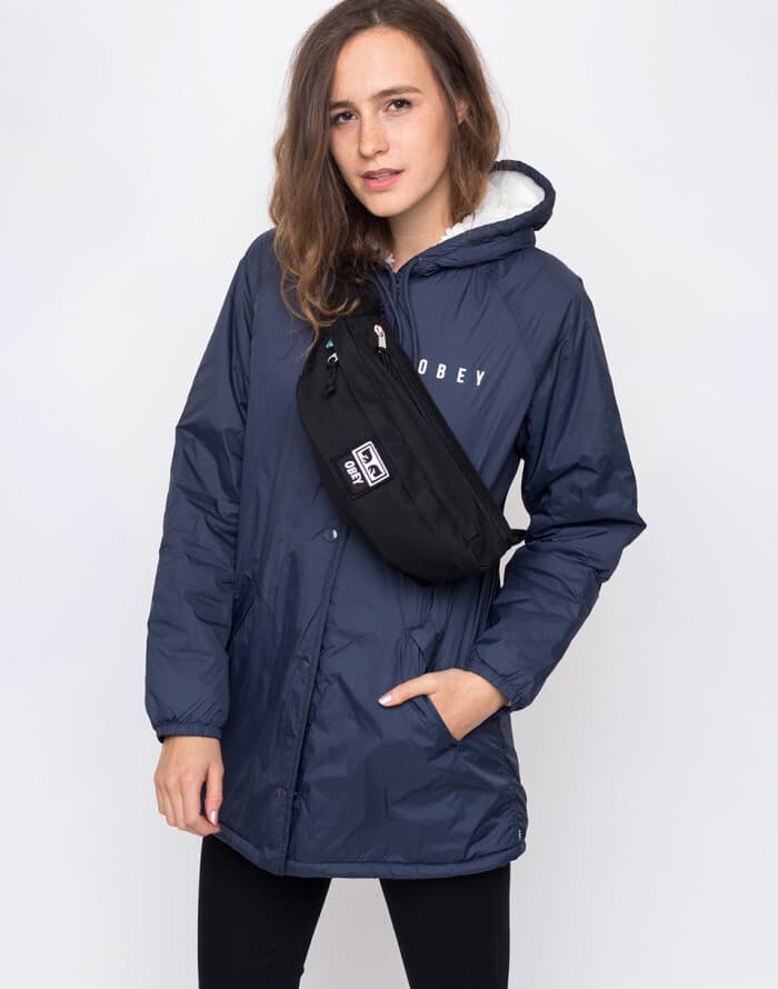 OBEY Kenna Spellout Sherpa Lining Hooded Jacket Zip Snap Pocket Blue Women's M - Thumbnail 2