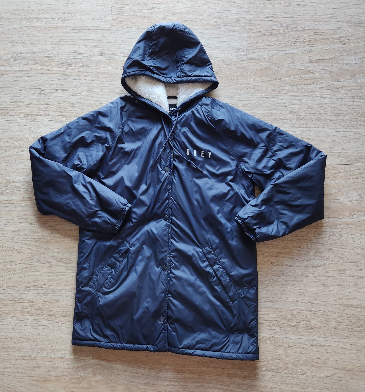 OBEY Kenna Spellout Sherpa Lining Hooded Jacket Zip Snap Pocket Blue Women's M - Thumbnail 3