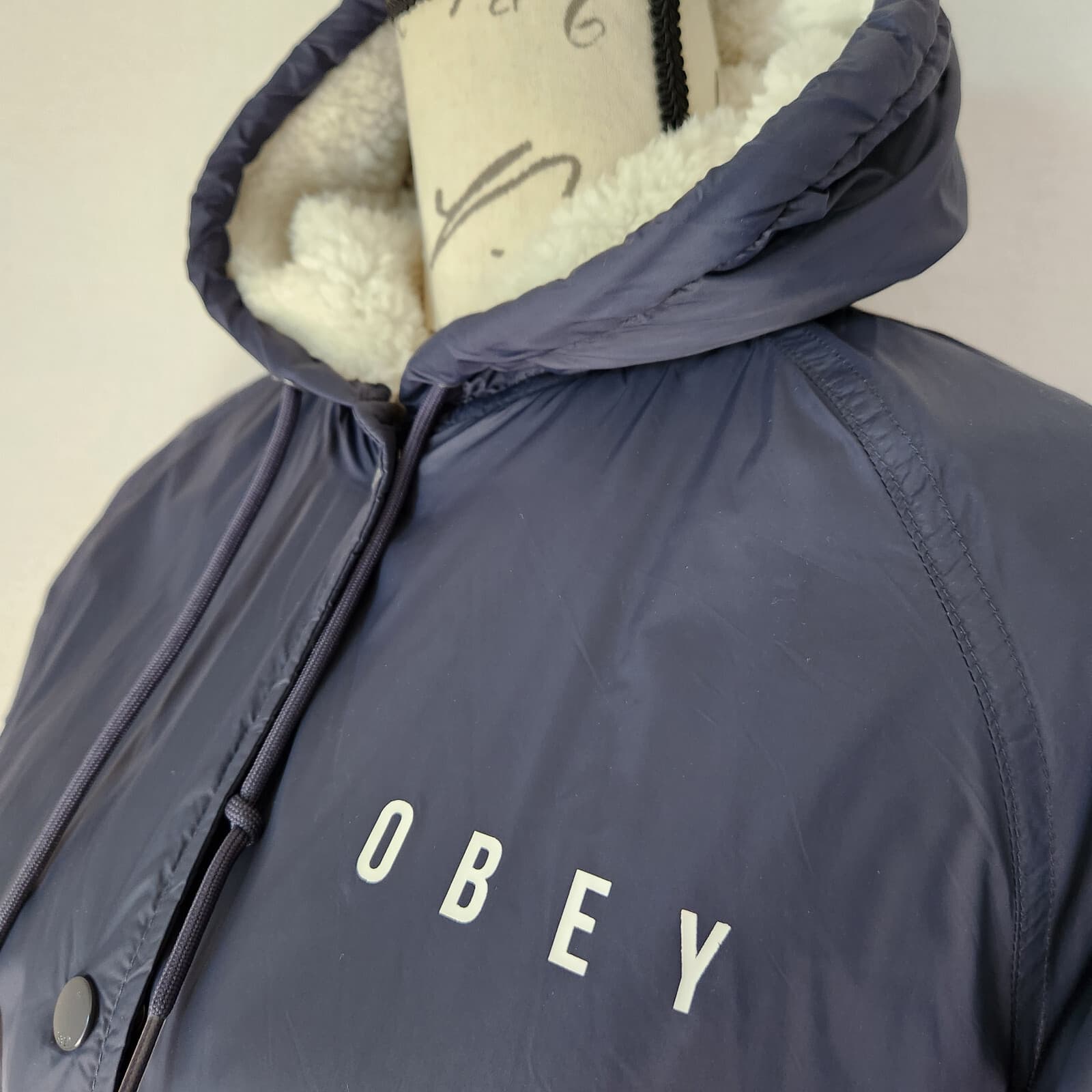 OBEY Kenna Spellout Sherpa Lining Hooded Jacket Zip Snap Pocket Blue Women's M - Thumbnail 8
