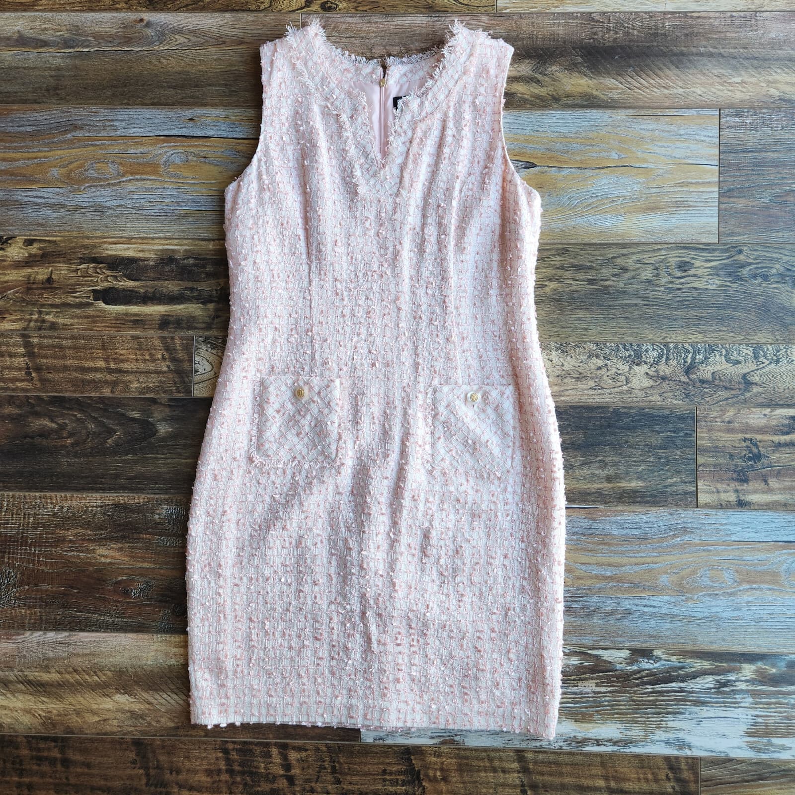 NWoT Karl Lagerfeld Tweed Sheath Dress Sleeveless V-Neck Pocket Pink Sz.12 - Thumbnail 5