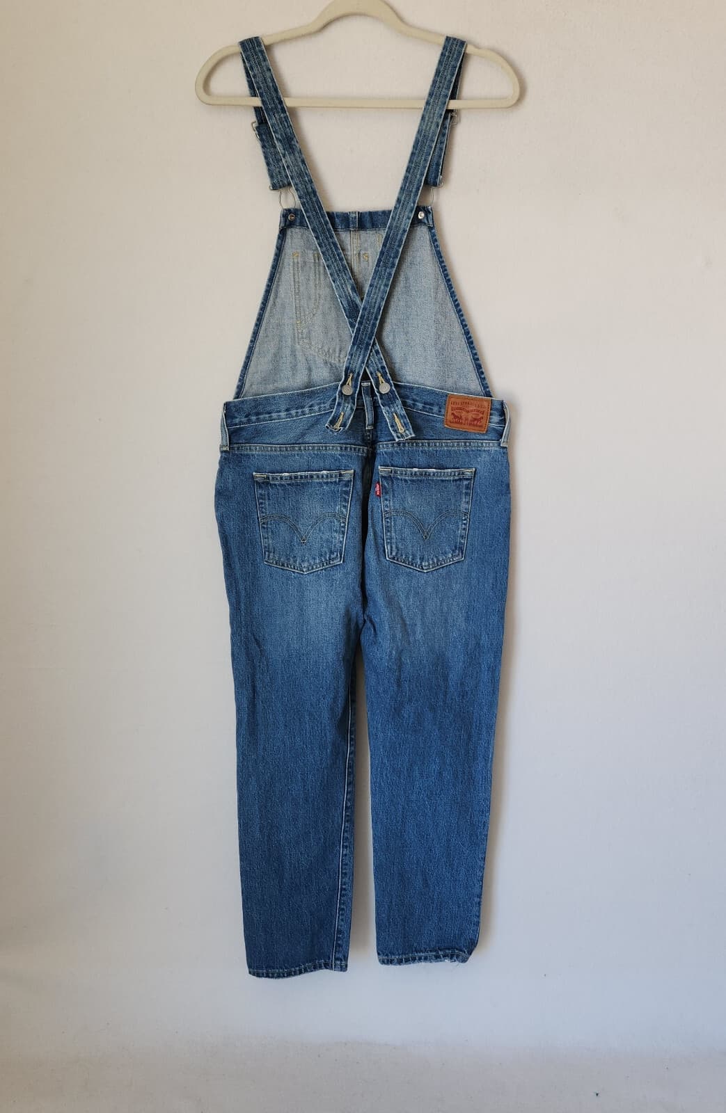 Levi's Distressed Denim Overalls Straight Open-Back Medium Wash Blue Women's S - Thumbnail 2
