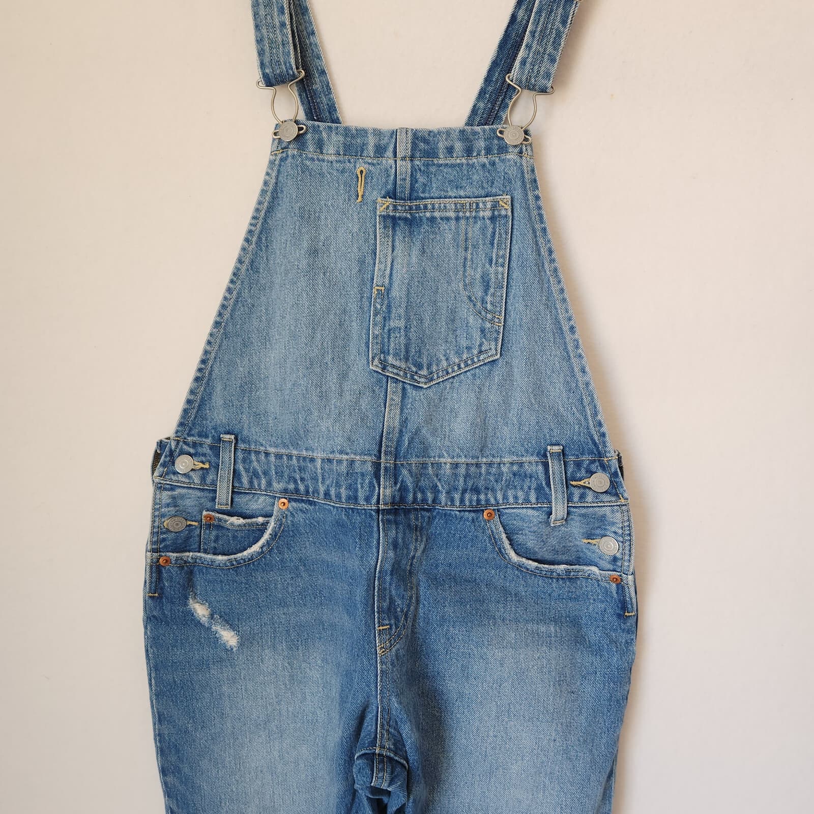 Levi's Distressed Denim Overalls Straight Open-Back Medium Wash Blue Women's S - Thumbnail 4