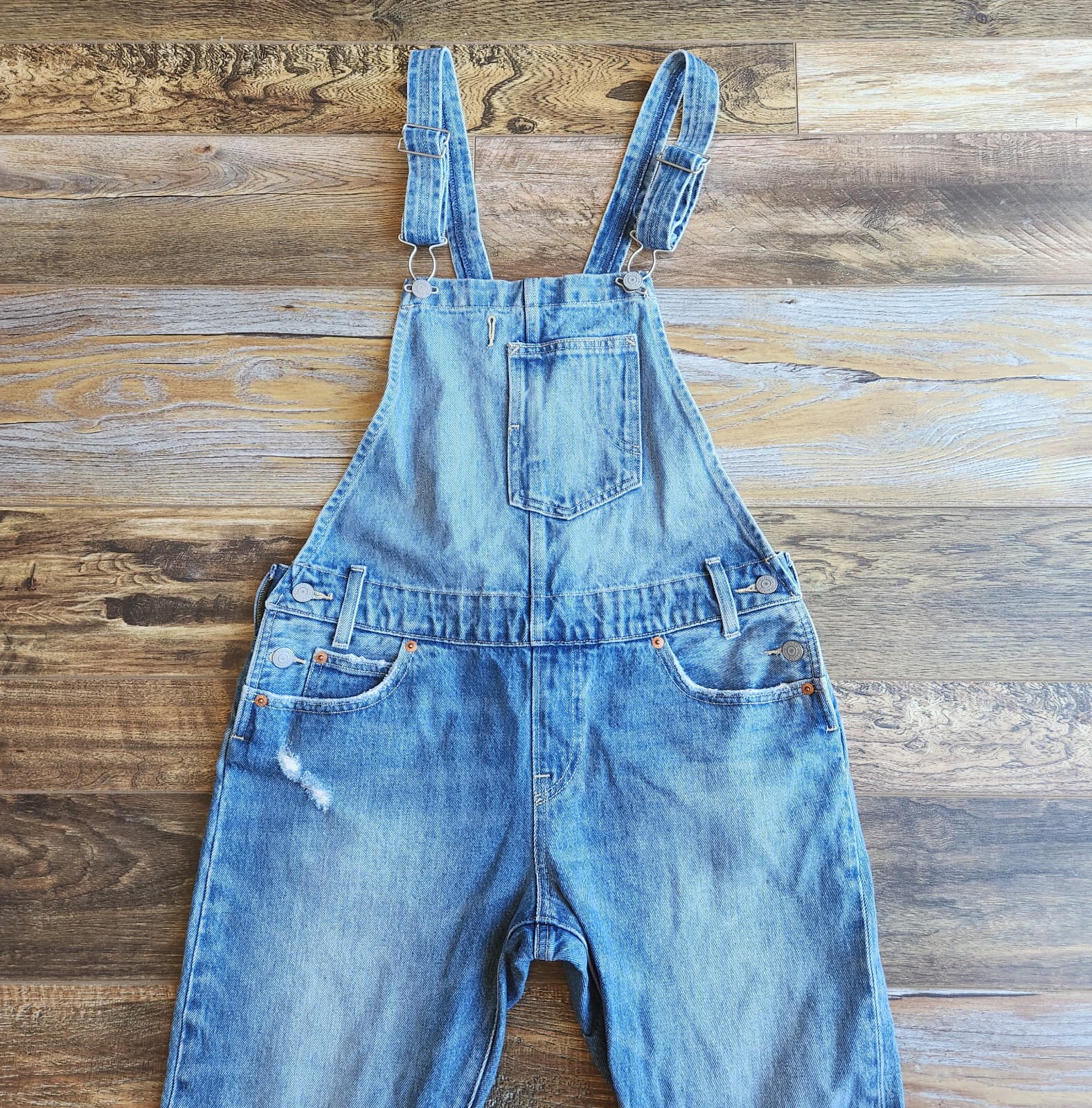 Levi's Distressed Denim Overalls Straight Open-Back Medium Wash Blue Women's S - Thumbnail 5