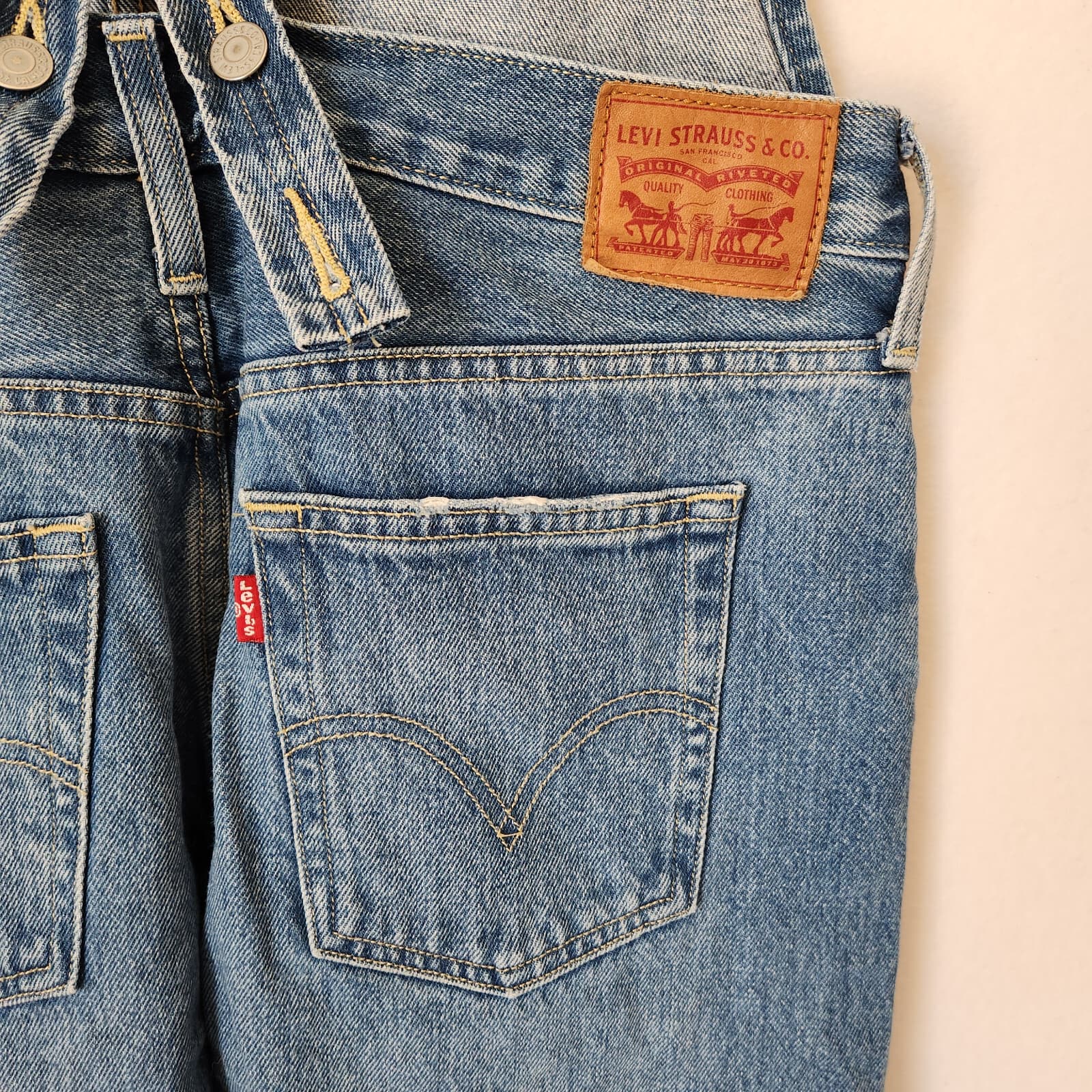 Levi's Distressed Denim Overalls Straight Open-Back Medium Wash Blue Women's S - Thumbnail 7