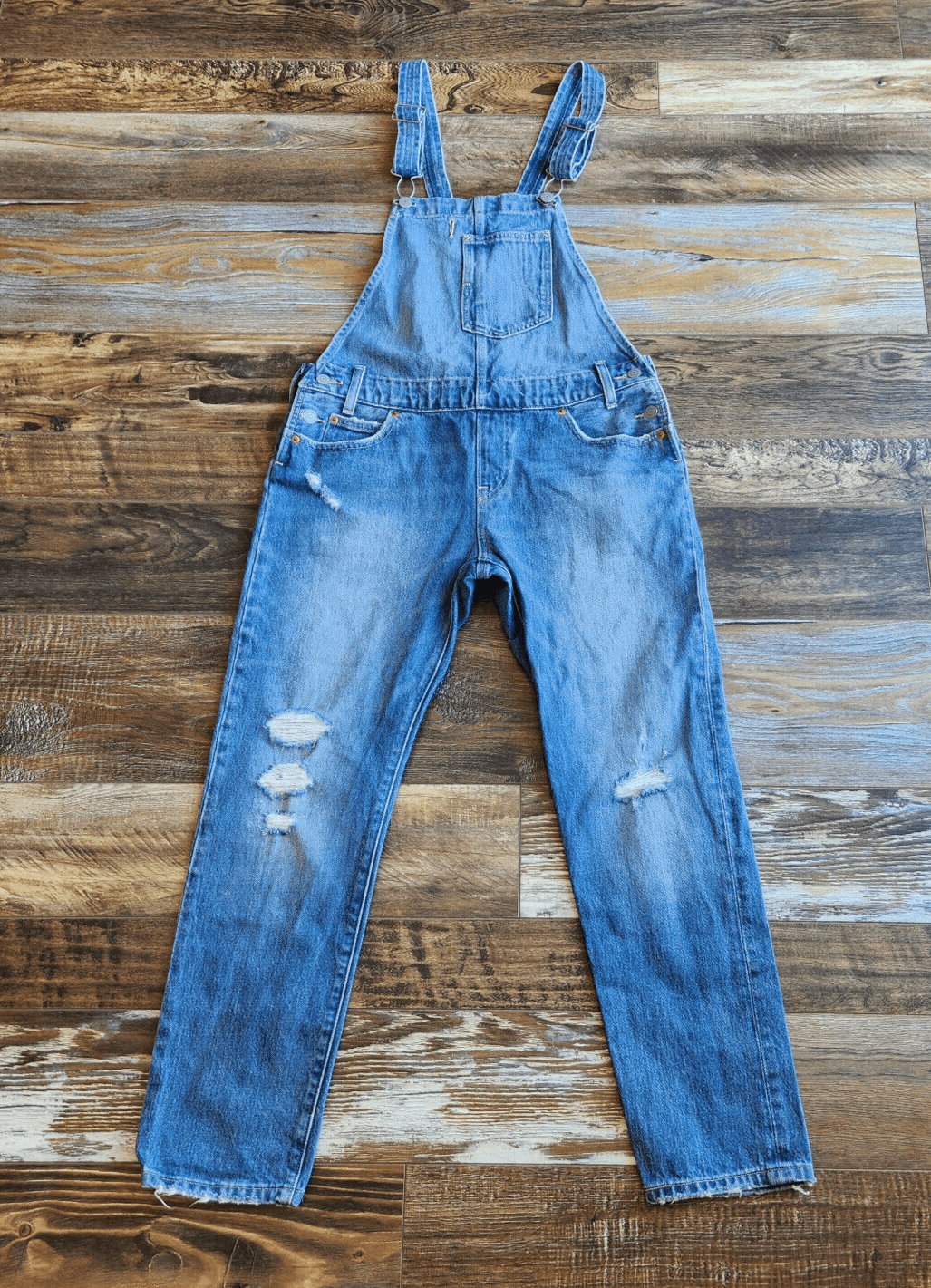 Levi's Distressed Denim Overalls Straight Open-Back Medium Wash Blue Women's S - Thumbnail 3