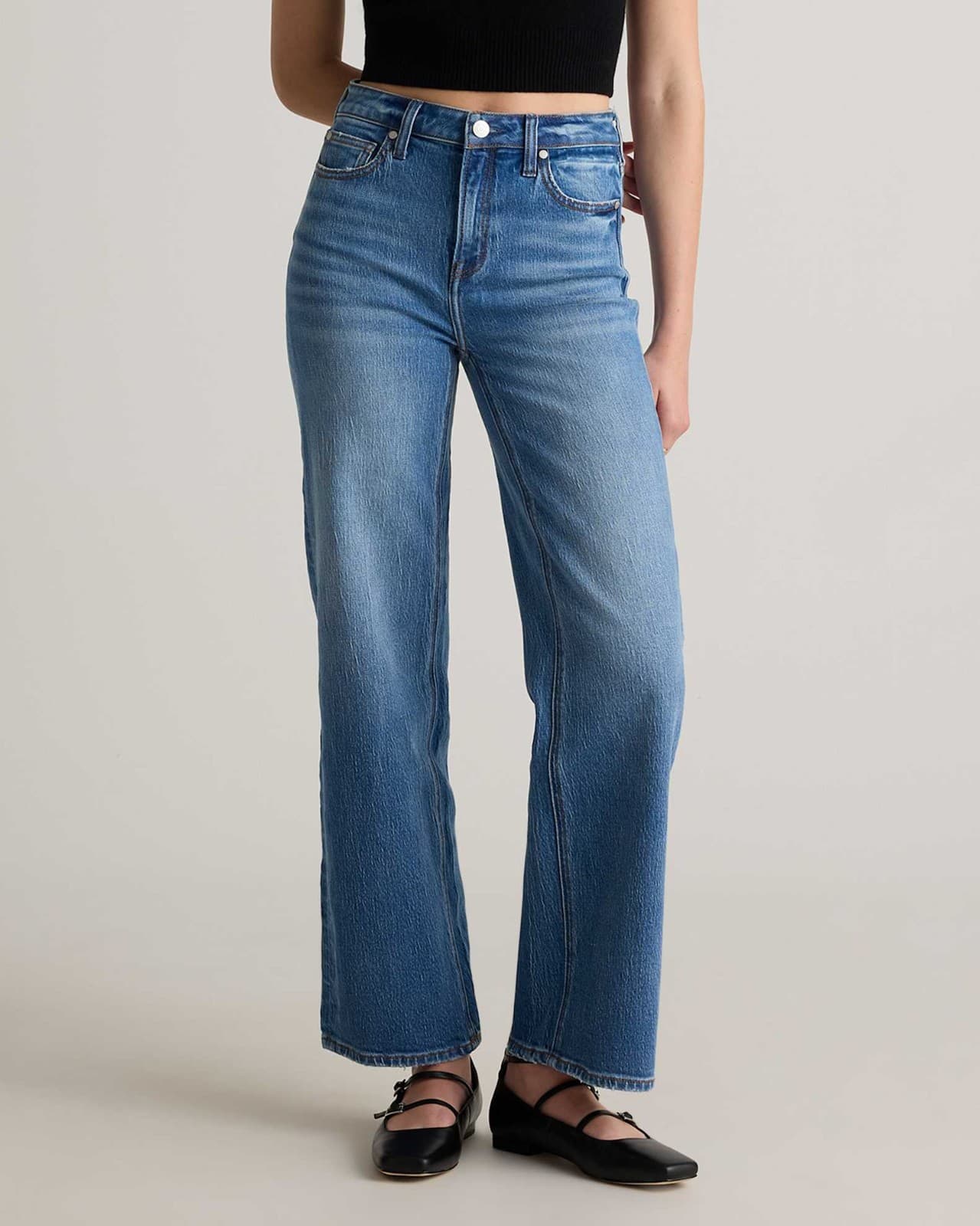 NWT Quince Bella Stretch Relaxed Straight Wide Leg Jeans Organic Cotton Blue 31 - Thumbnail 2