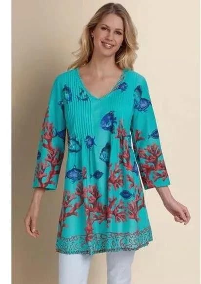 Soft Surroundings Seychelles Coral Embellished Coral-Fish Tunic Blouse Blue Sz.M - Thumbnail 3